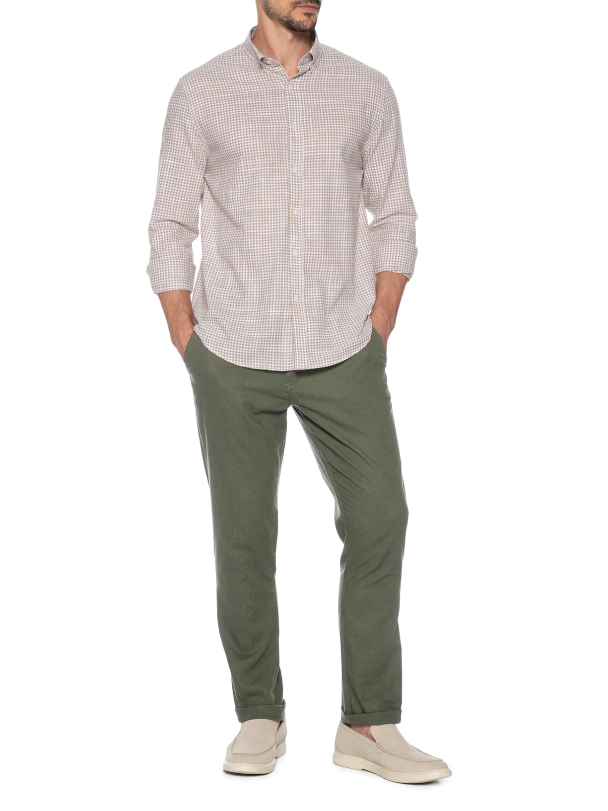 Camisa Masculina Xadrez Voil Vichy Button Down – Bege Zapalla