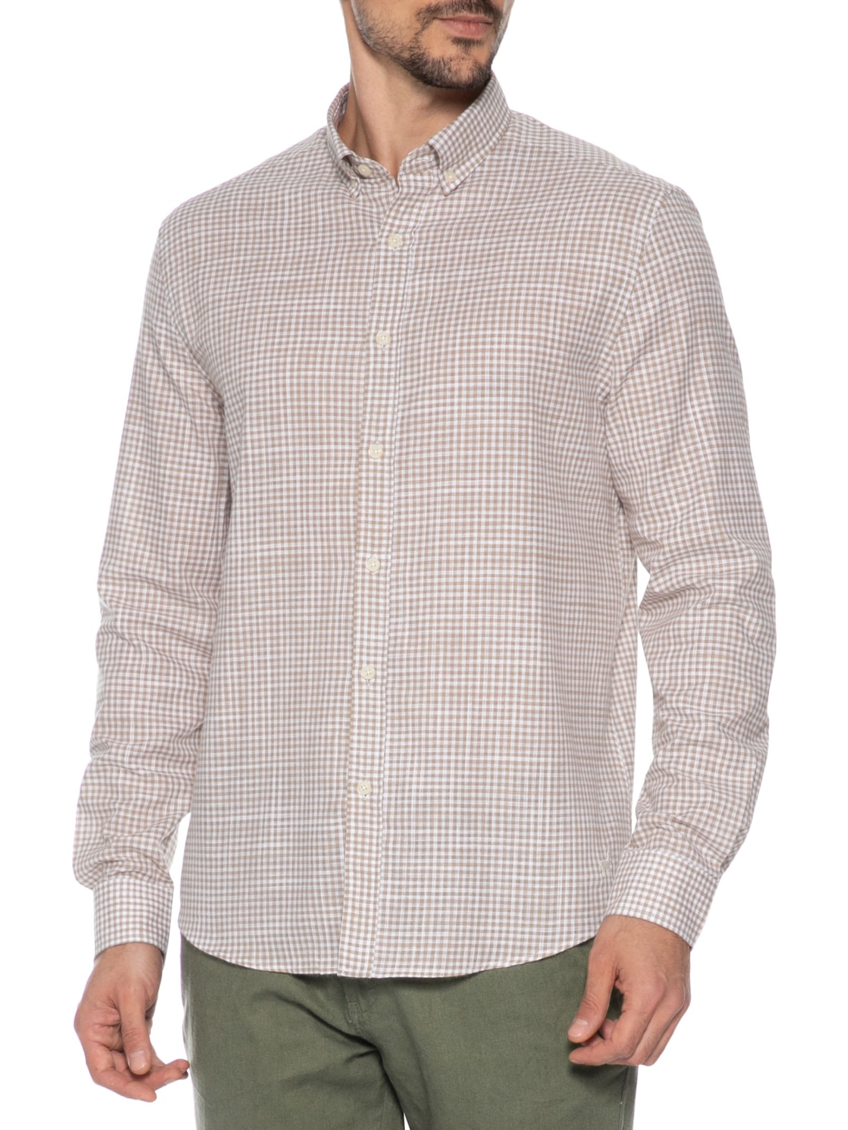 Camisa Masculina Xadrez Voil Vichy Button Down – Bege Zapalla