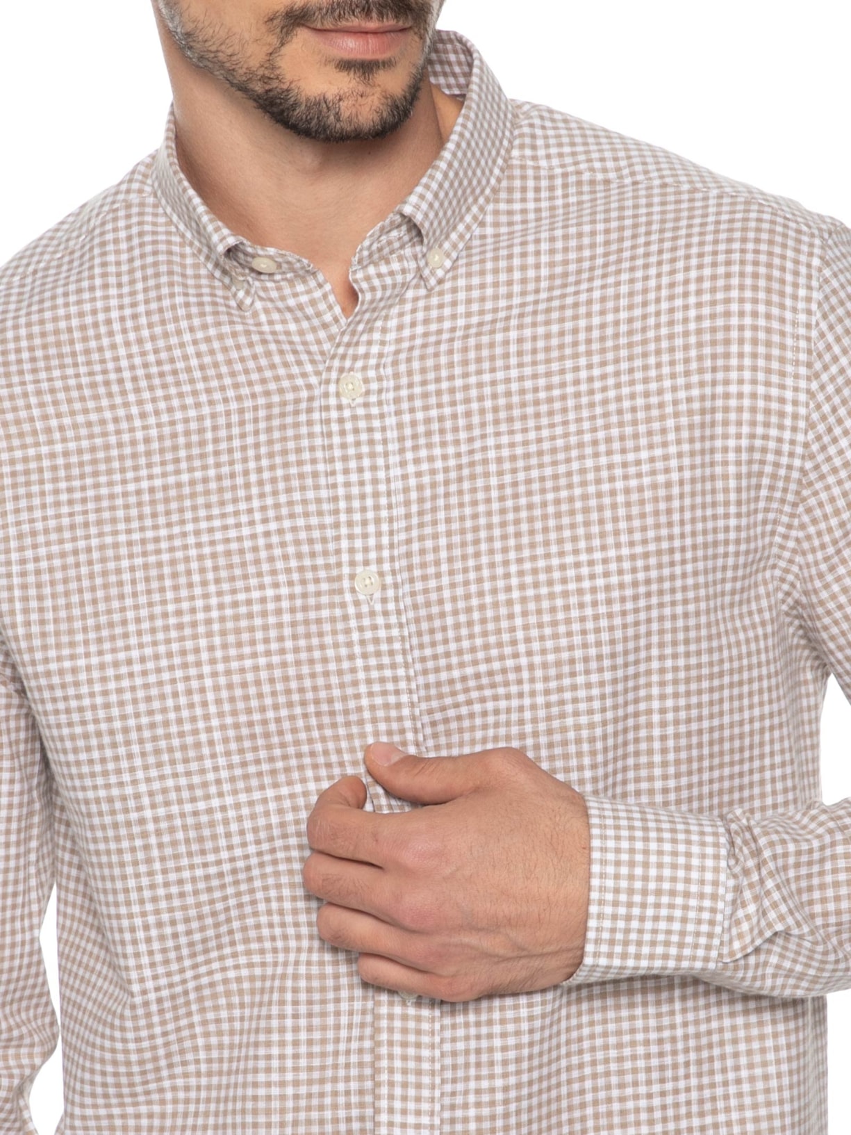 Camisa Masculina Xadrez Voil Vichy Button Down – Bege Zapalla