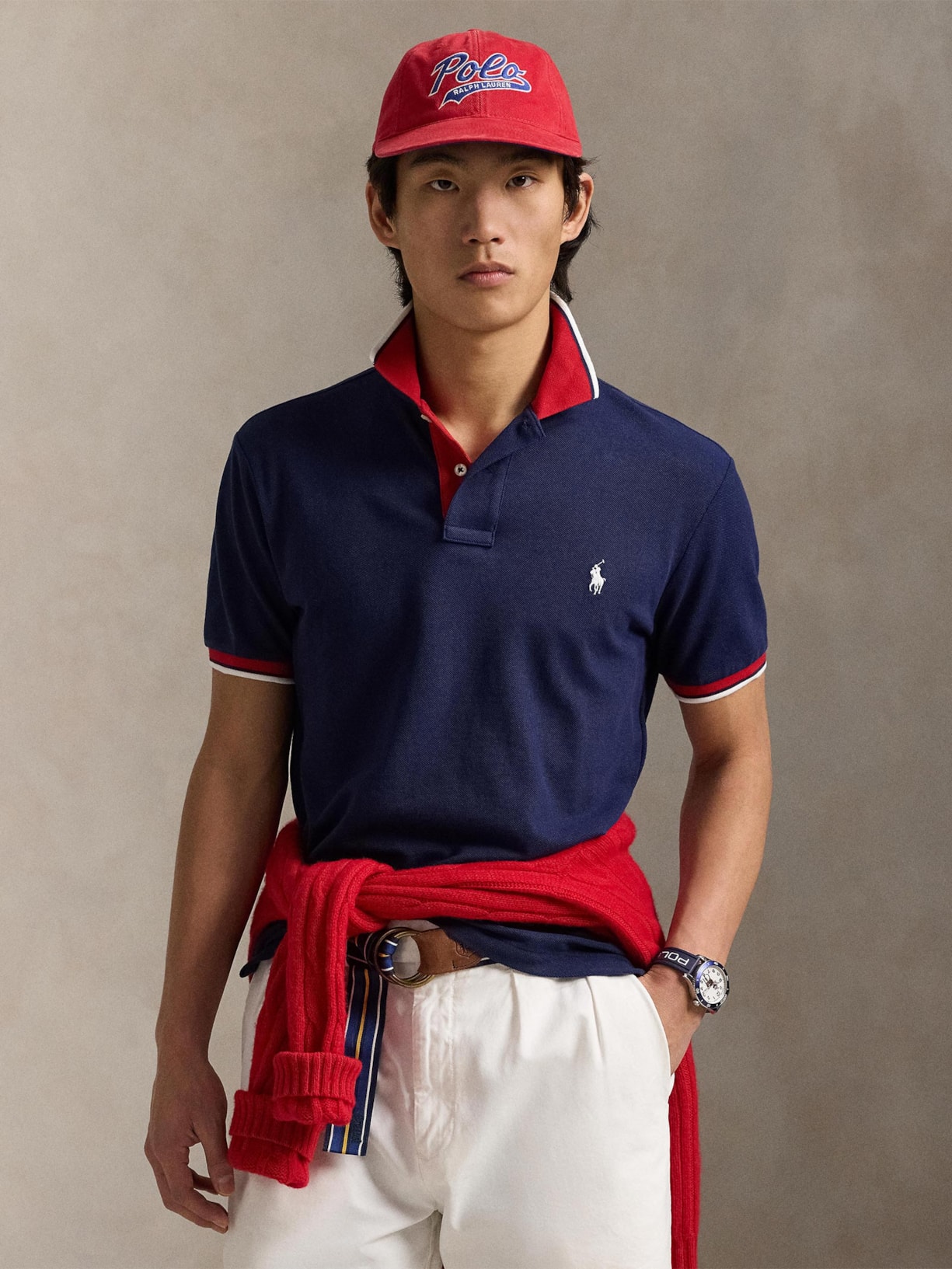 Camisa Polo Masculina Knit Custom Slim Fit Mesh Azul Polo Ralph Lauren