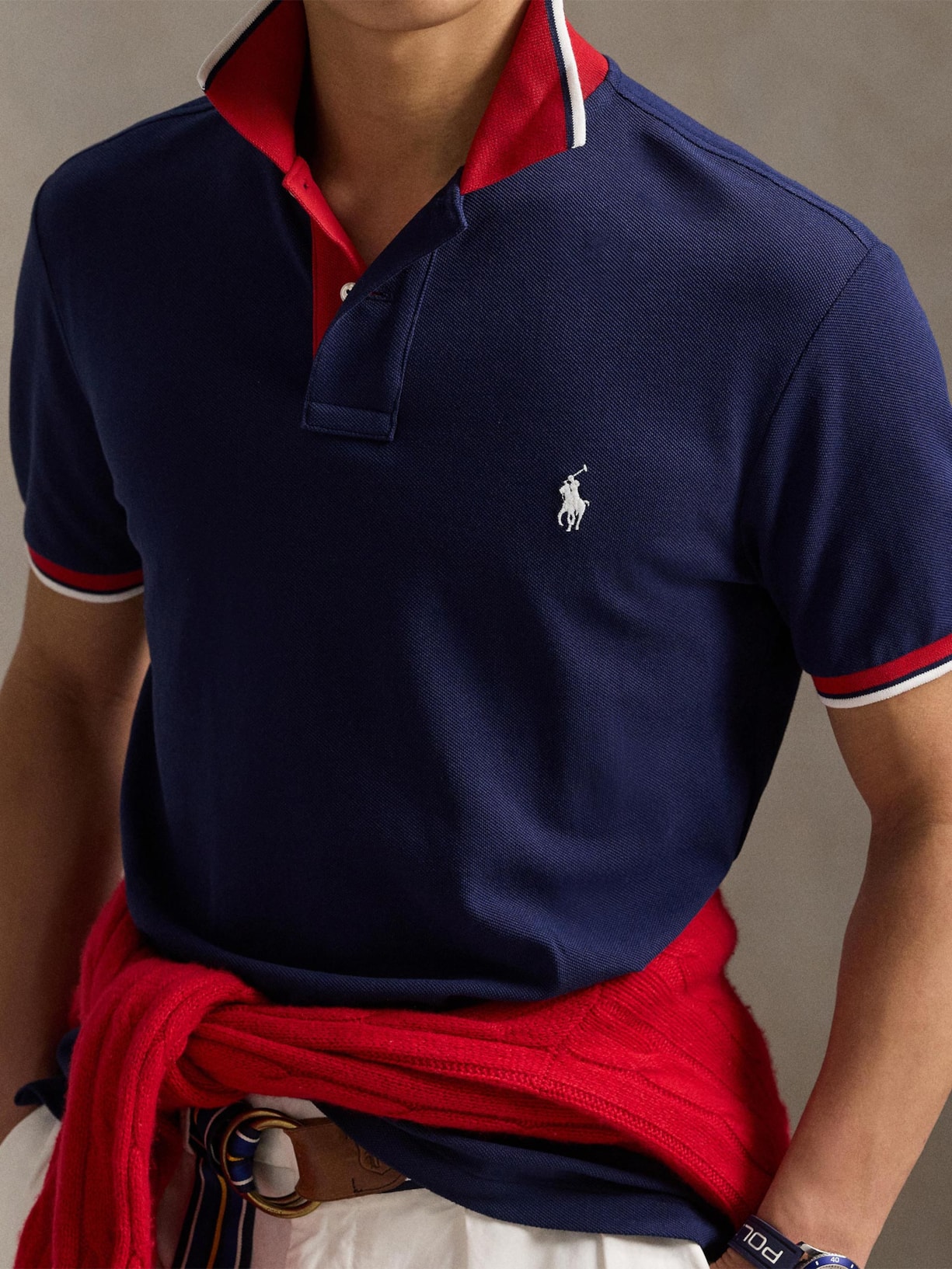 Camisa Polo Masculina Knit Custom Slim Fit Mesh Azul Polo Ralph Lauren