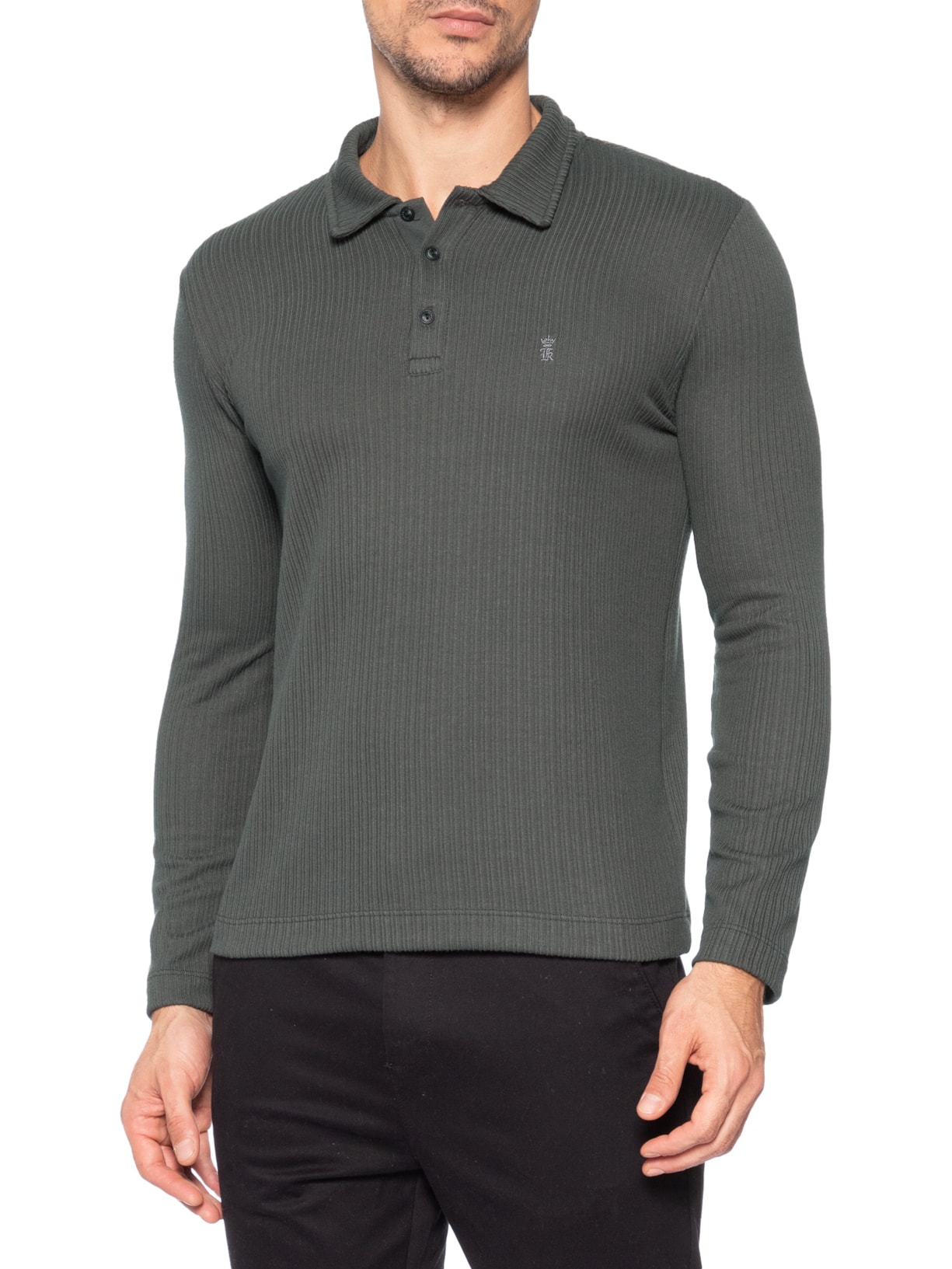 Camisa Polo Masculina Malha Tricot Canelado Cinza Sergio K