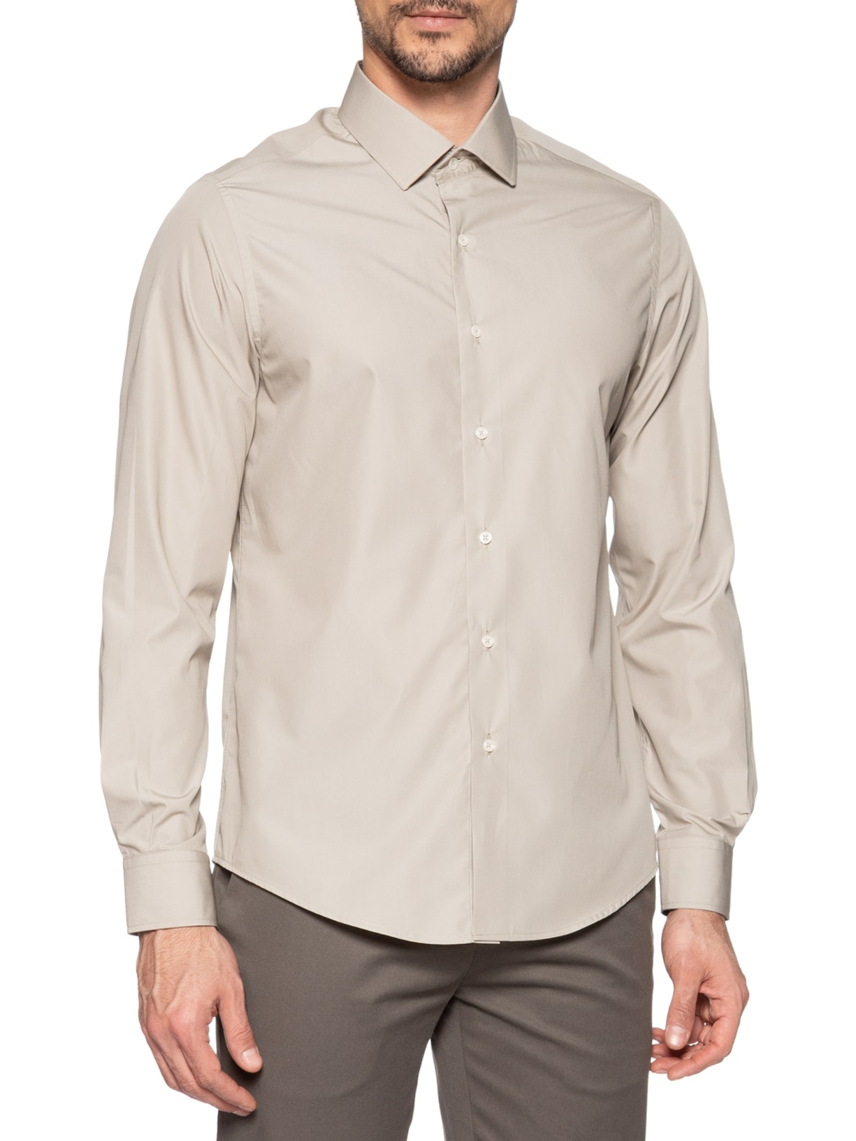 Camisa Social Masculina Em Tricoline Paper Bege Paramount Alfaiataria