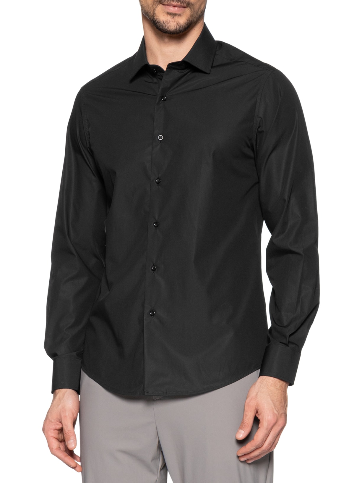 Camisa Social Masculina Em Tricoline Paper Preto Paramount Alfaiataria