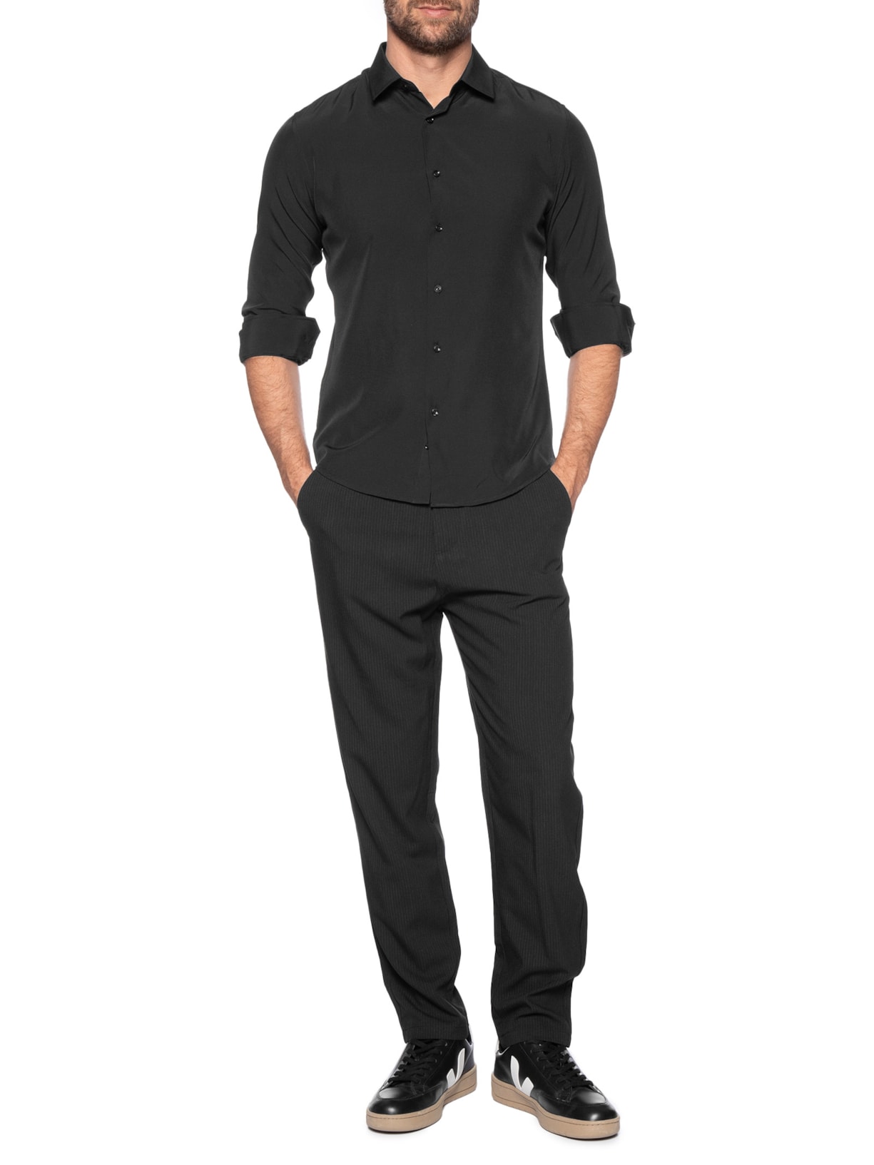 Camisa Social Masculina Manga Longa Básica Preto '2 Essential