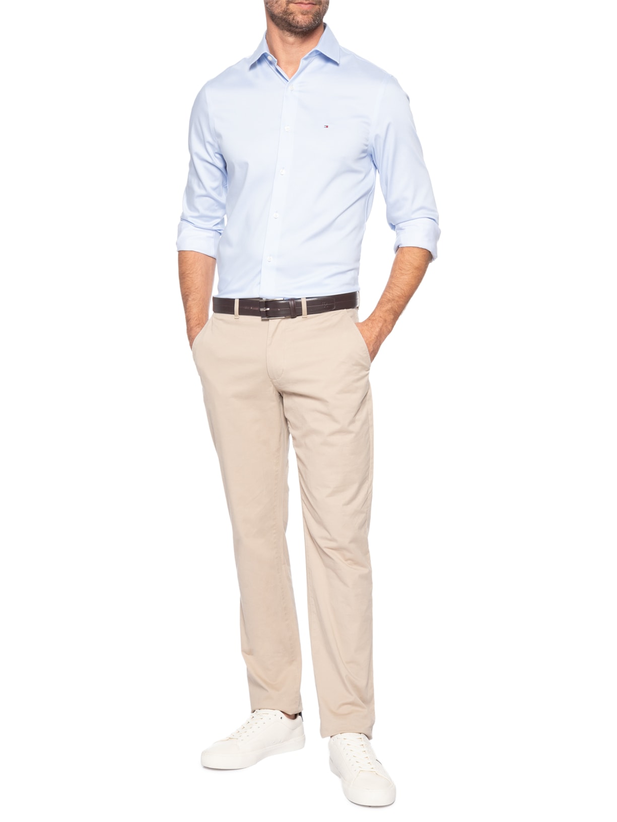Camisa Social Masculina Regular Fit Logo No Peito Stretch Azul Tommy Hilfiger