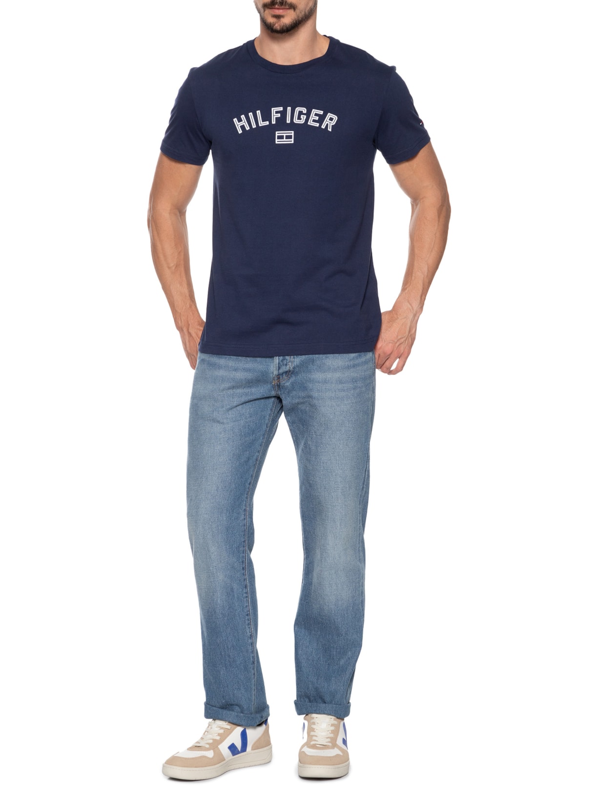Camiseta Básica Masculina Regular Fit Flock Logo Em Algodão Azul Tommy Hilfiger