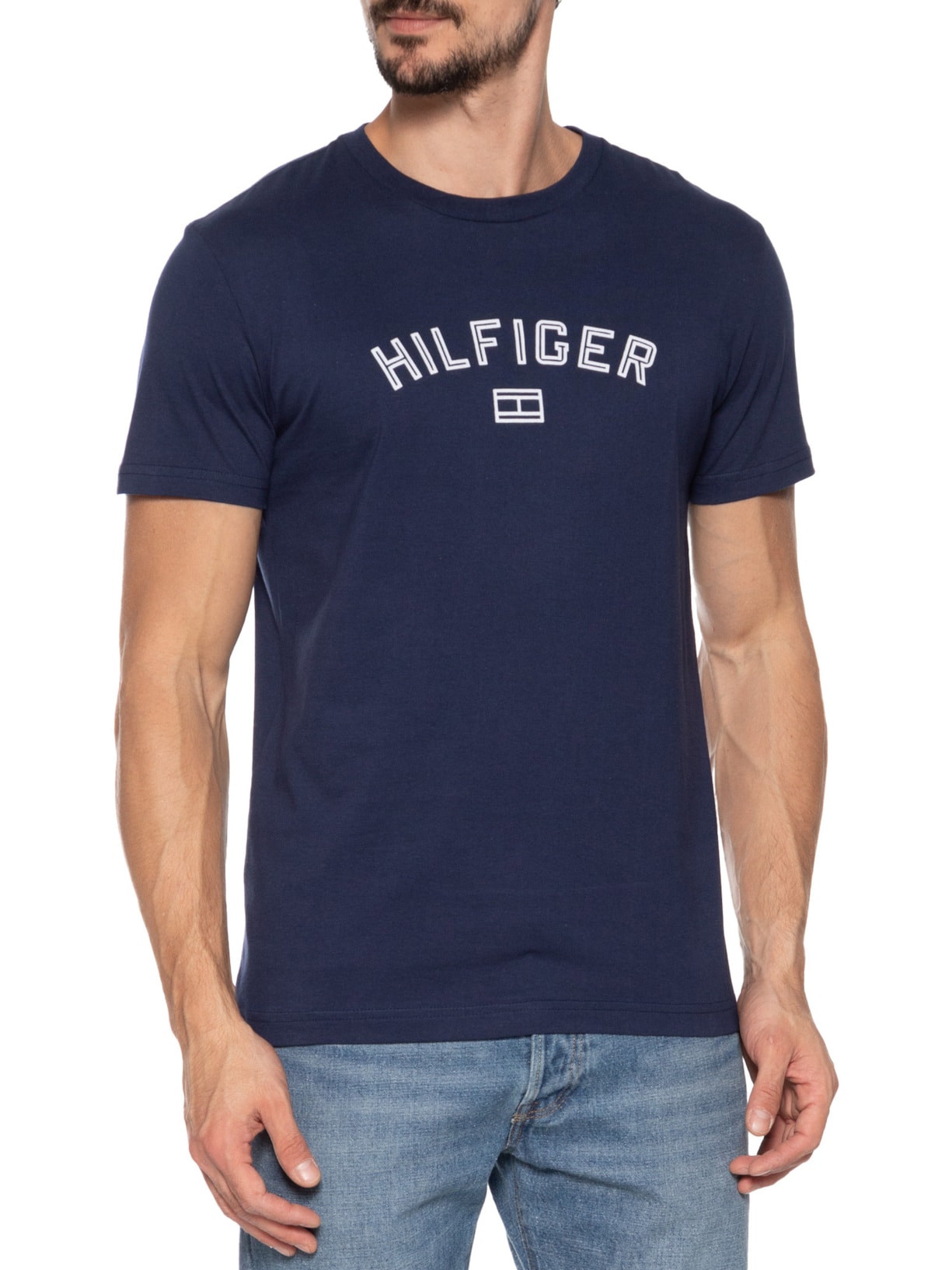 Camiseta Básica Masculina Regular Fit Flock Logo Em Algodão Azul Tommy Hilfiger