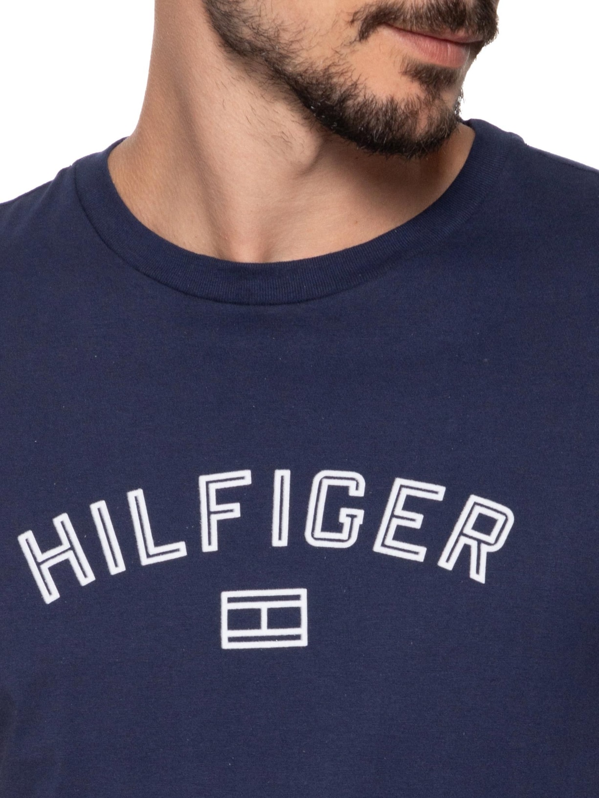 Camiseta Básica Masculina Regular Fit Flock Logo Em Algodão Azul Tommy Hilfiger