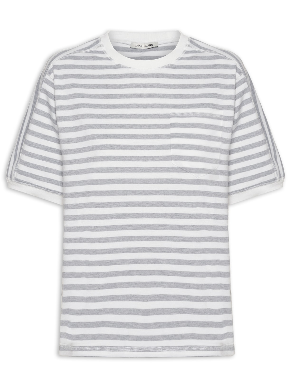 Camiseta De Malha Listrada Com Bolso - Cinza