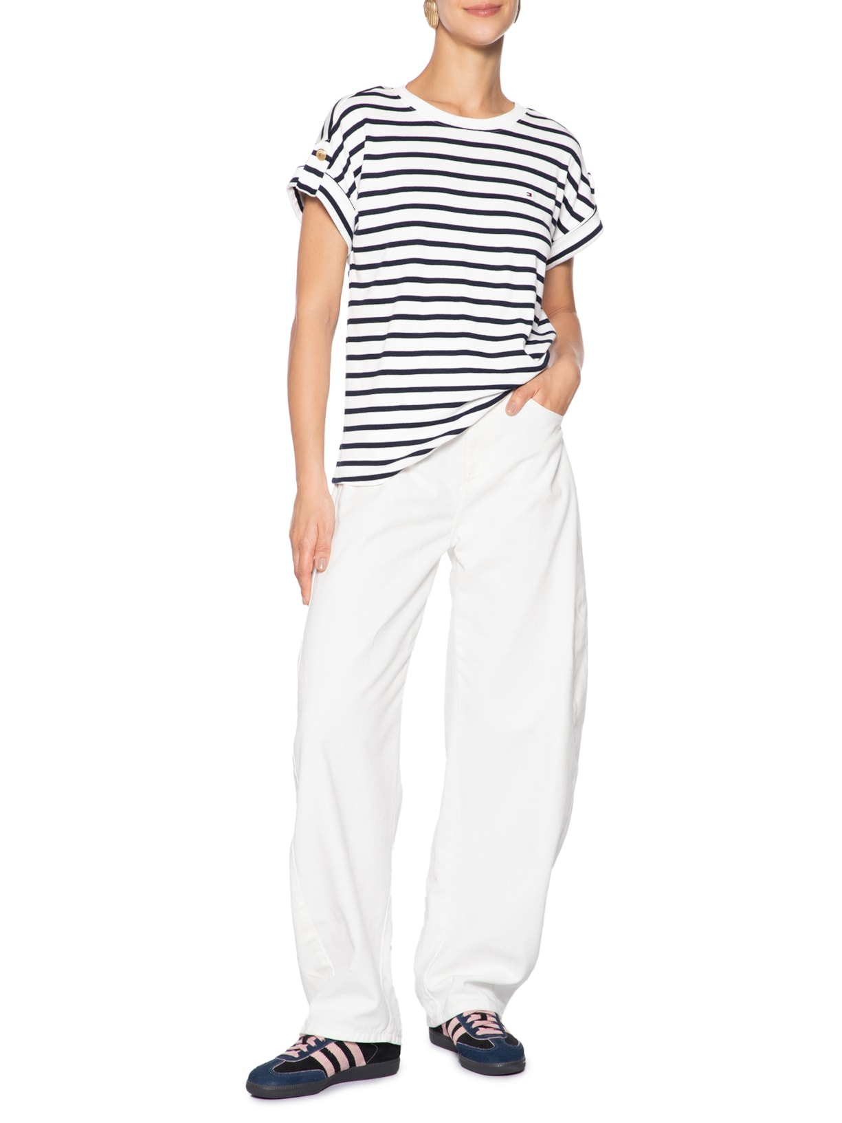 Camiseta Feminina 1x1 Rib S/S Roll Tab Azul Tommy Hilfiger