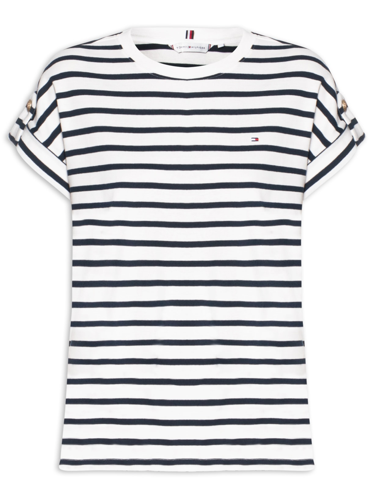 Camiseta Feminina 1x1 Rib S/S Roll Tab Azul Tommy Hilfiger