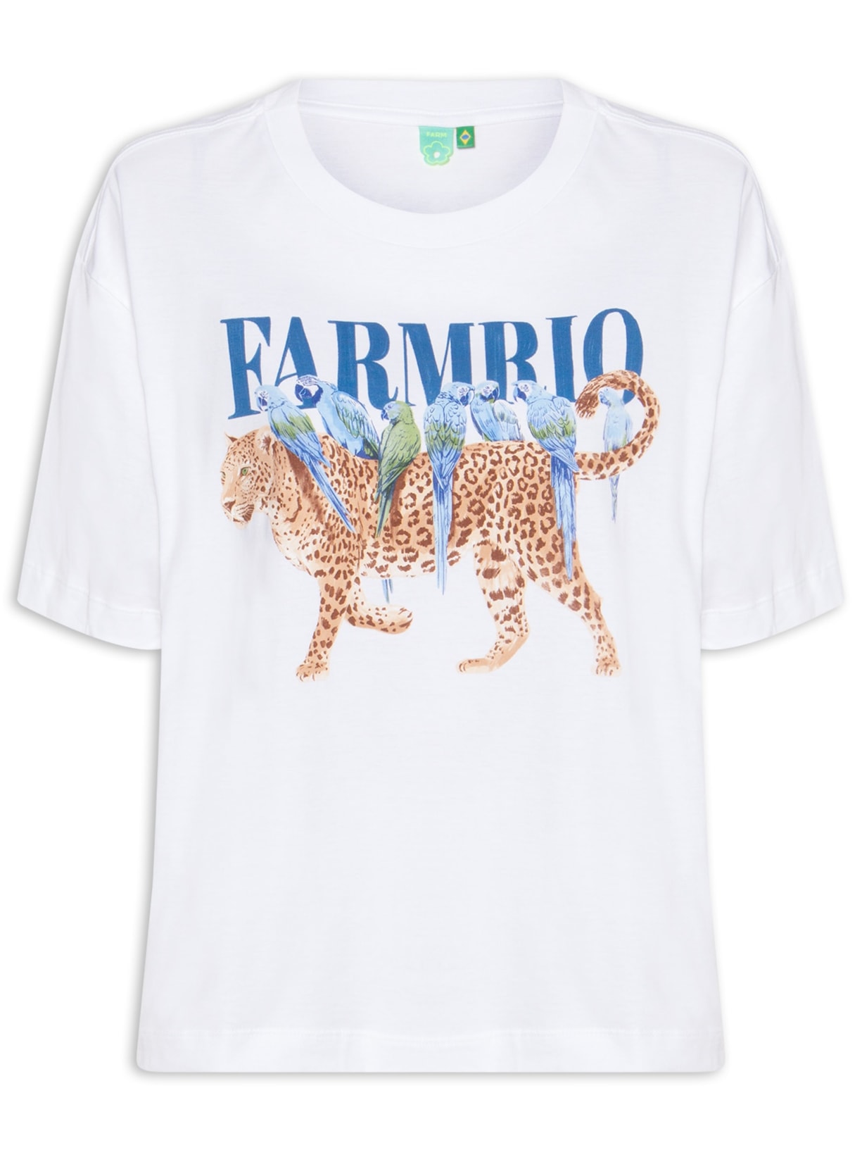Camiseta Feminina Ampla Onça Pássaros Branco Farm