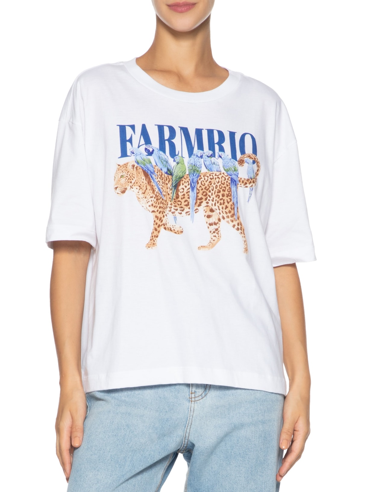 Camiseta Feminina Ampla Onça Pássaros Branco Farm