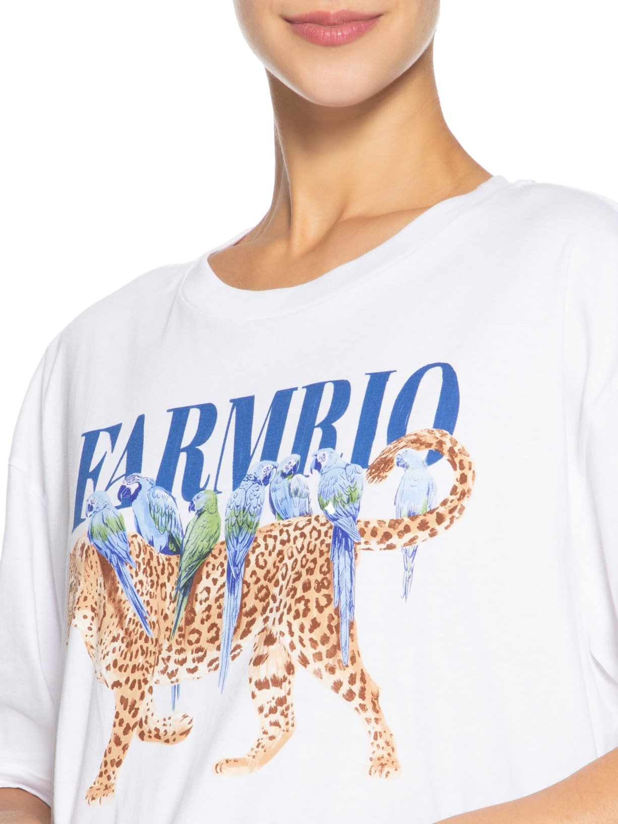 Camiseta Feminina Ampla Onça Pássaros Branco Farm