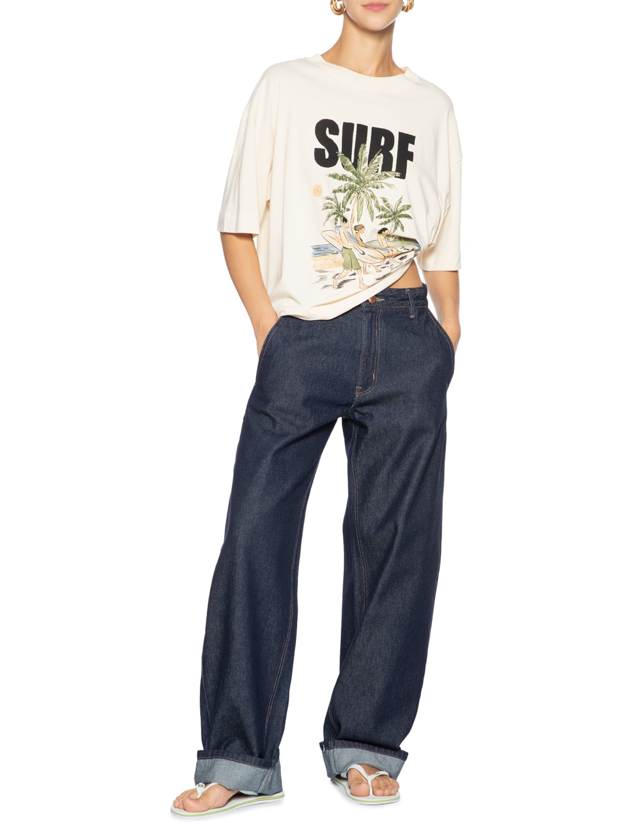 Camiseta Feminina Ampla Surf Rio Bege Farm