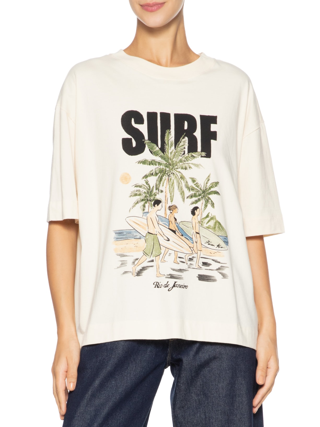 Camiseta Feminina Ampla Surf Rio Bege Farm