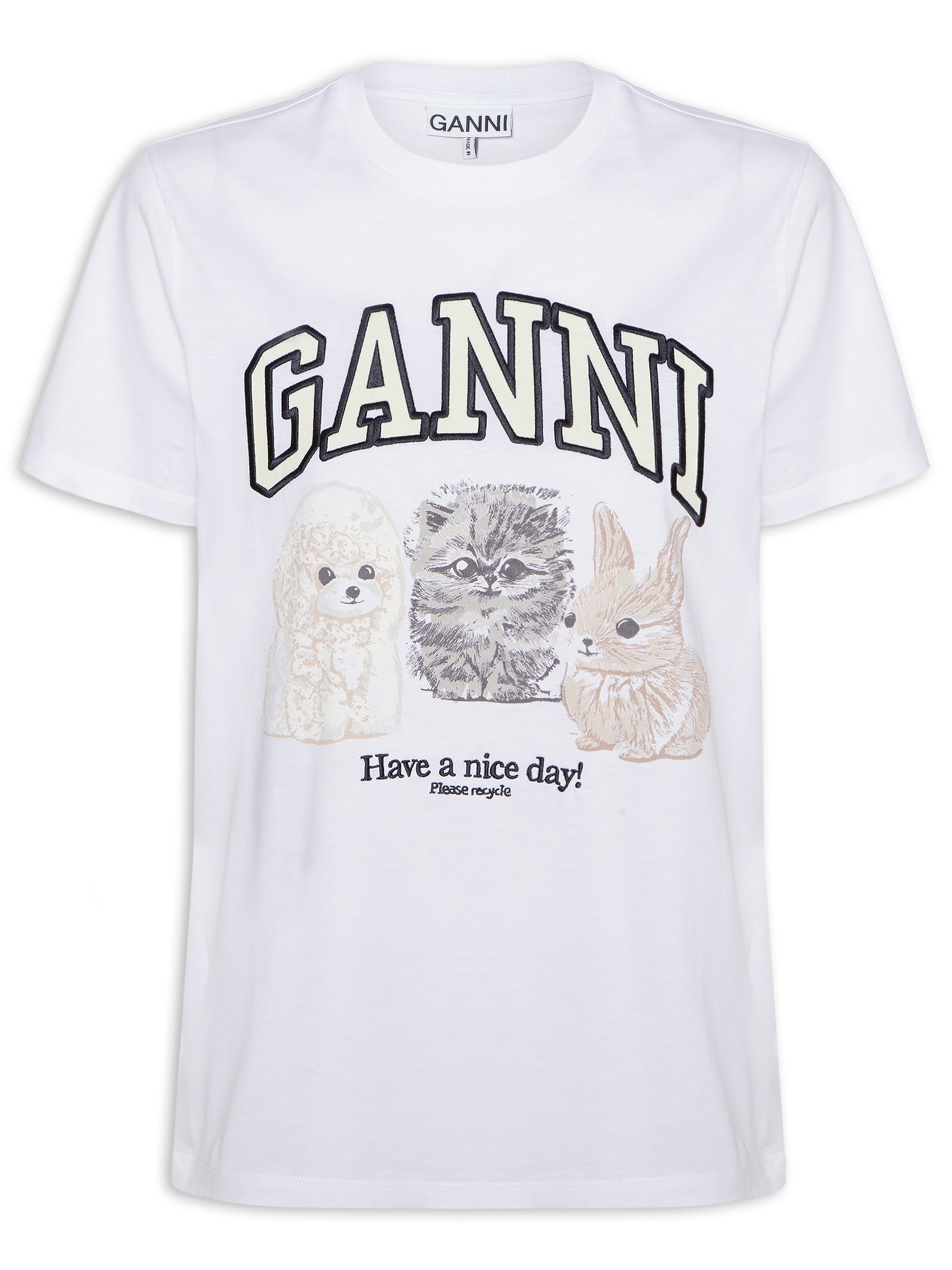 Ganni - Camiseta Feminina Basic Cotton Jersey Animals Relaxed - Branco