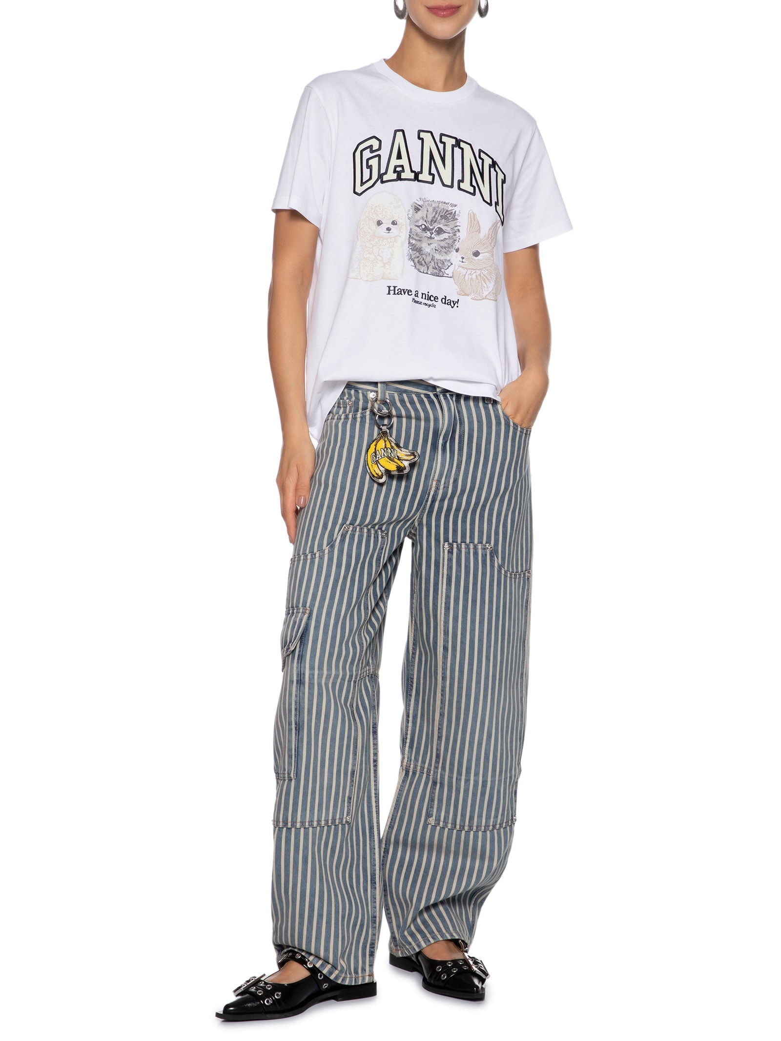 Ganni - Camiseta Feminina Basic Cotton Jersey Animals Relaxed - Branco