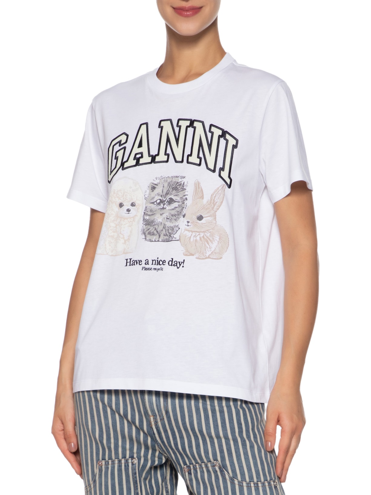 Camiseta Feminina Basic Cotton Jersey Animals Relaxed Branco Ganni