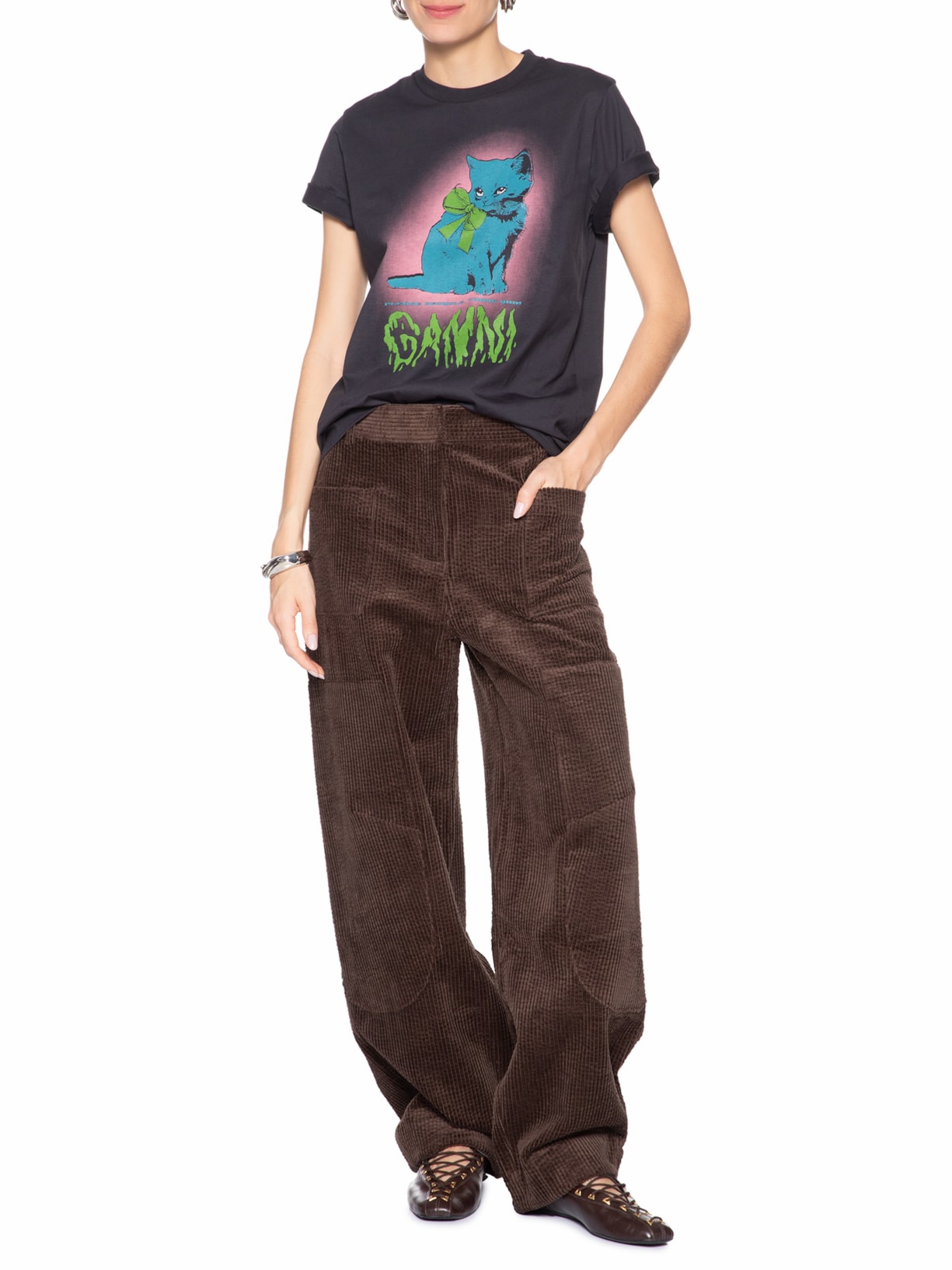 Camiseta Feminina Basic Cotton Jersey Neon Kitty Preto Ganni