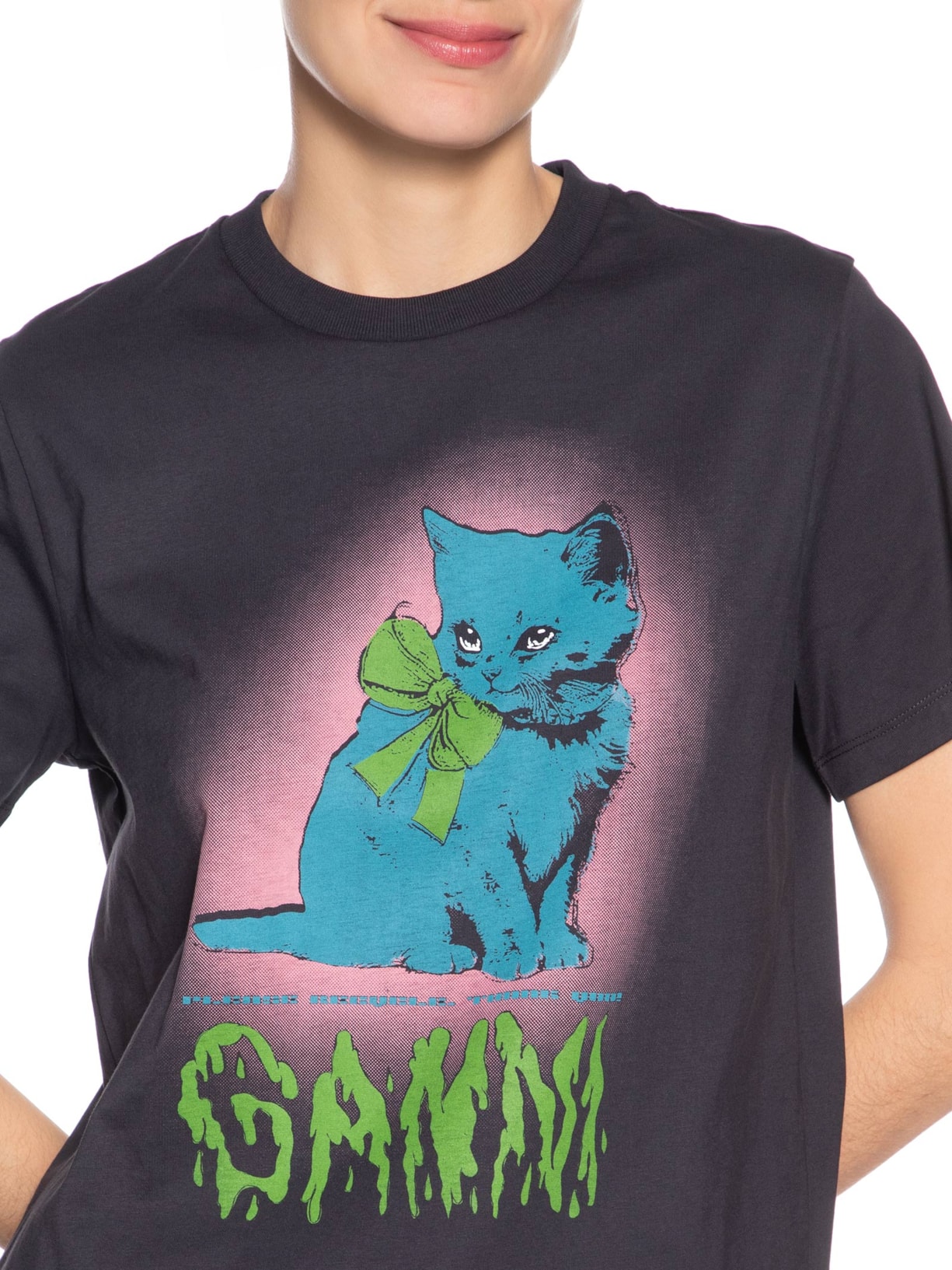 Camiseta Feminina Basic Cotton Jersey Neon Kitty Preto Ganni