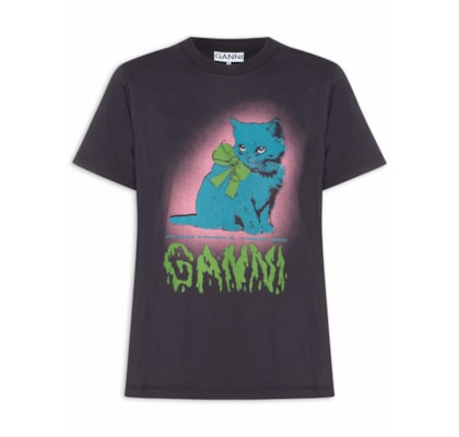 Camiseta Feminina Basic Cotton Jersey Neon Kitty - Preto