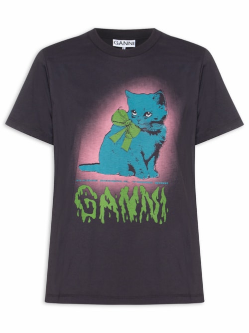 Camiseta Feminina Basic Cotton Jersey Neon Kitty - Preto