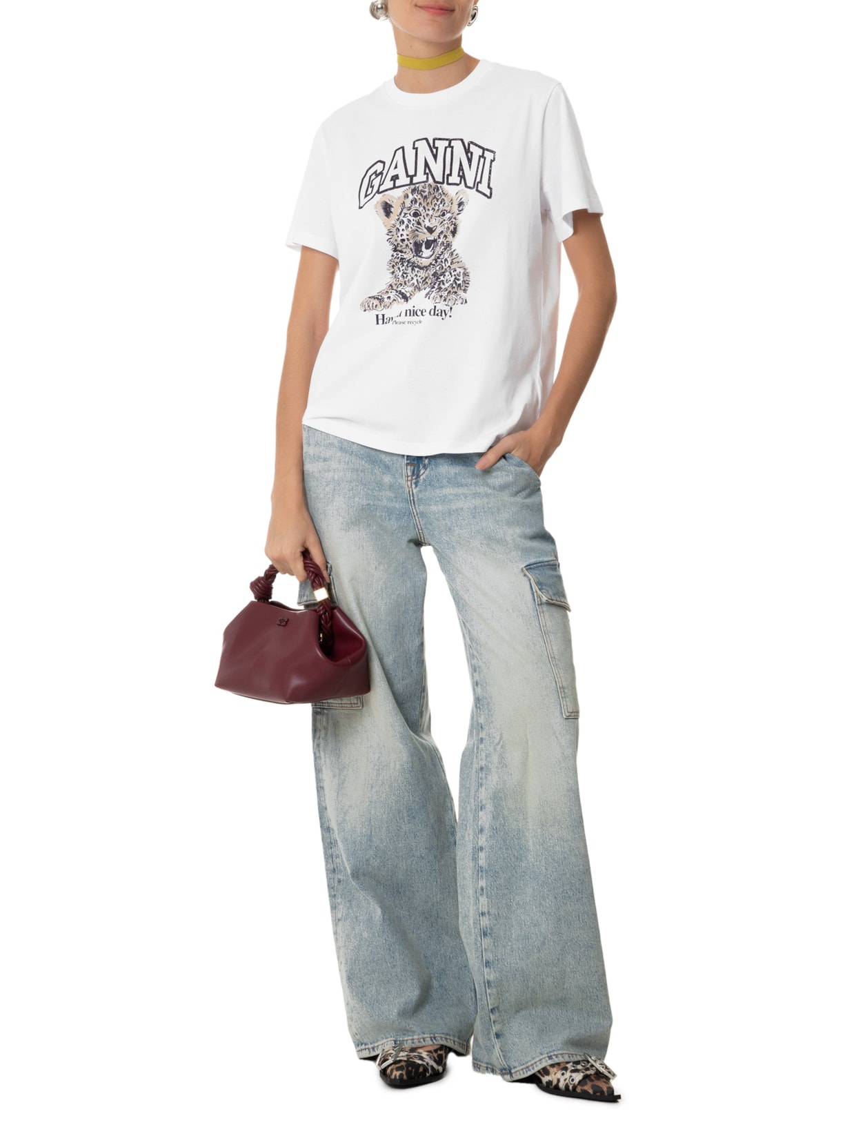 Camiseta Feminina Basic Jersey Leopard Relaxed Branco Ganni