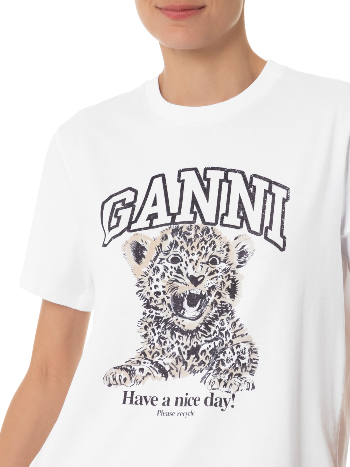 Camiseta Feminina Basic Jersey Leopard Relaxed Branco Ganni