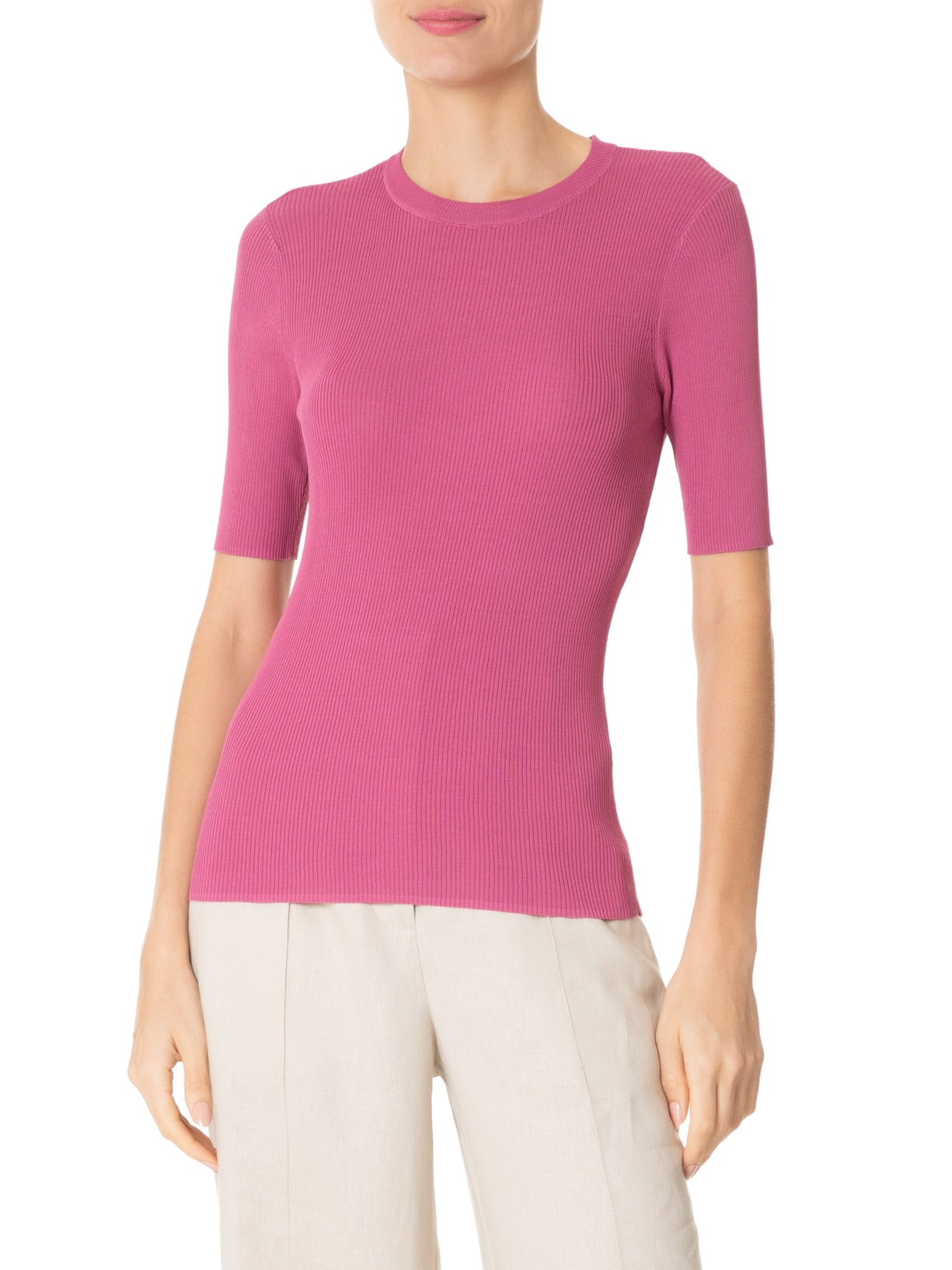 Camiseta Feminina Básica Canelada Tricot - Rosa