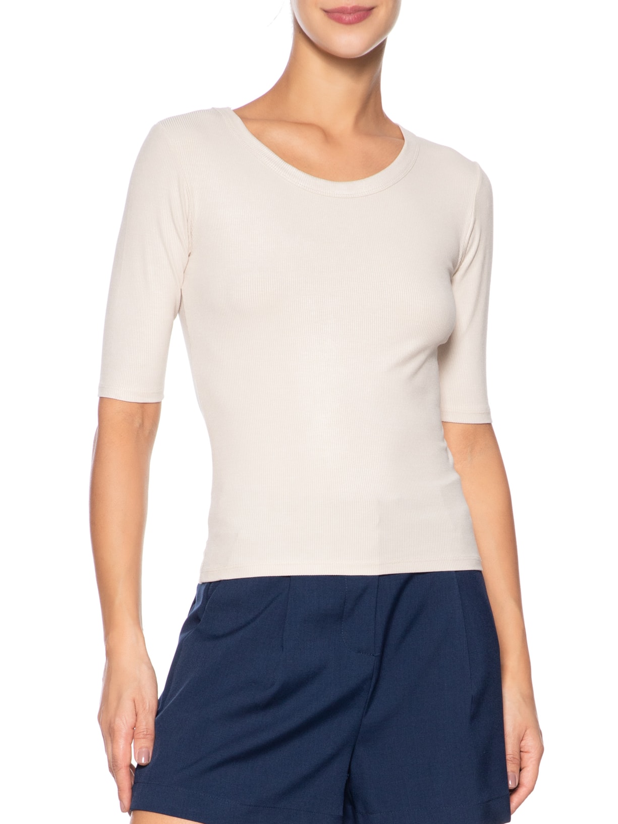 Camiseta Feminina Básica Com Manga Justa Off White Basiq