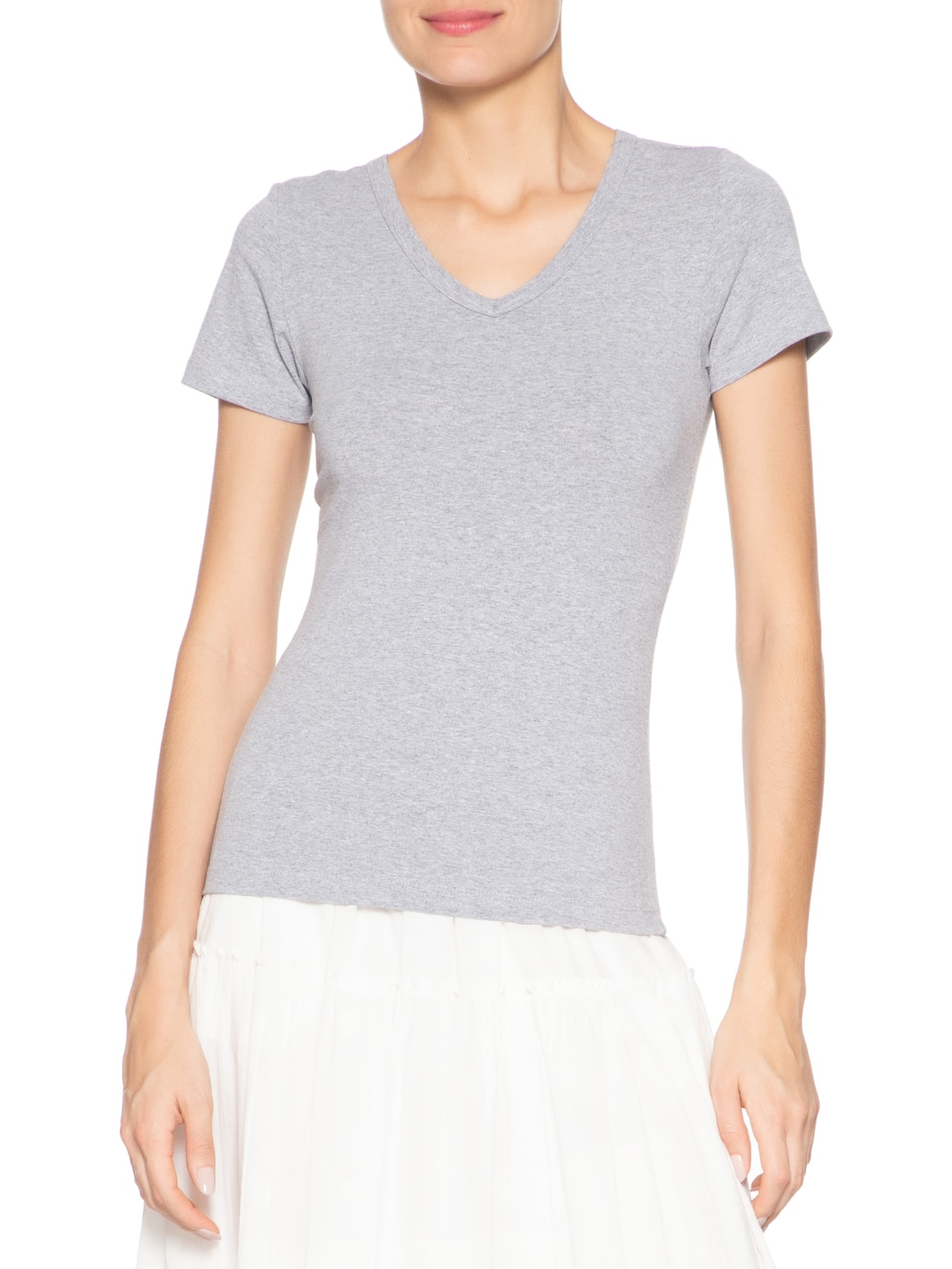 Camiseta Feminina Básica Decote Em V Cinza Basiq