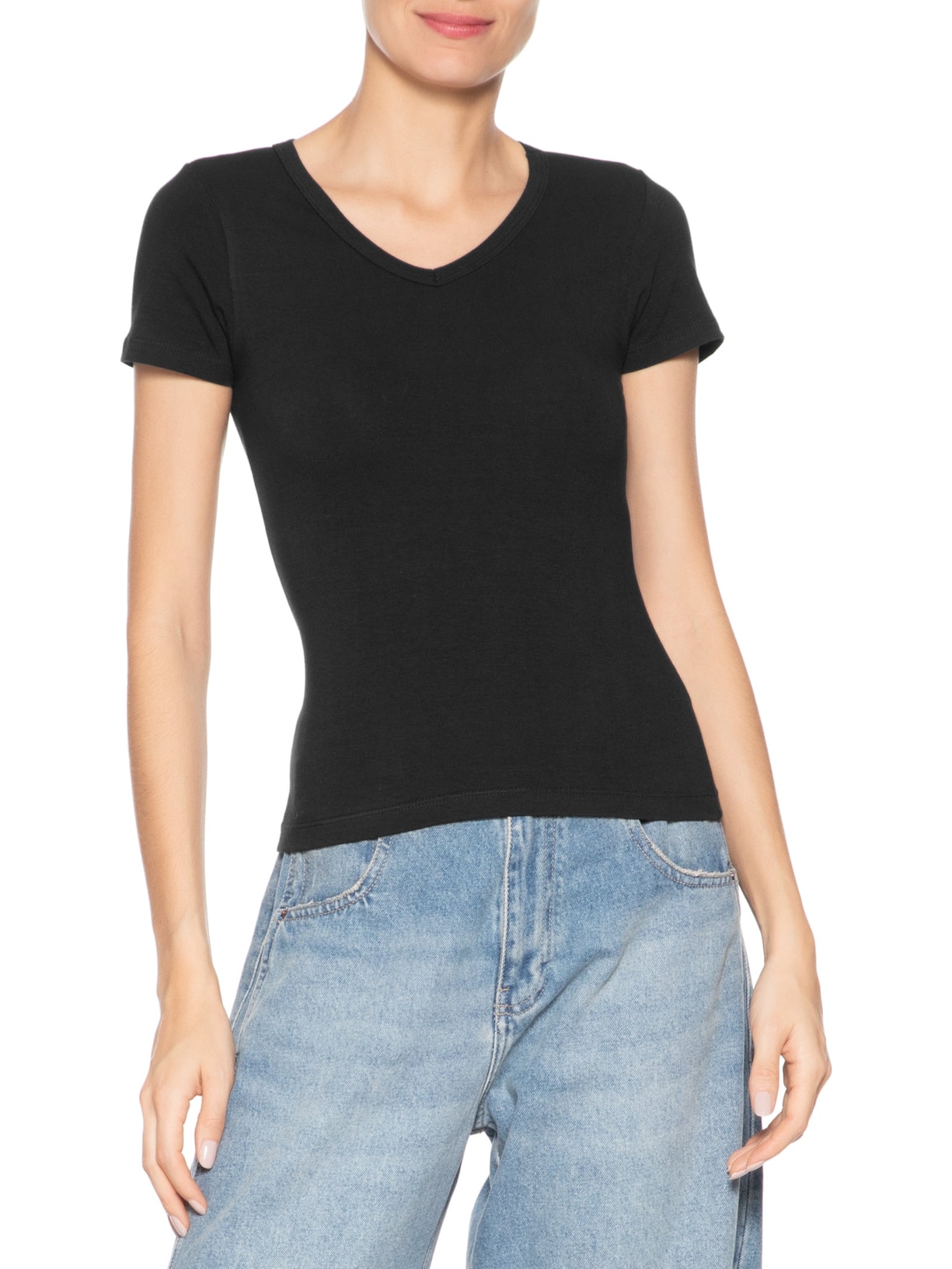 Camiseta Feminina Básica Decote Em V Preto Basiq