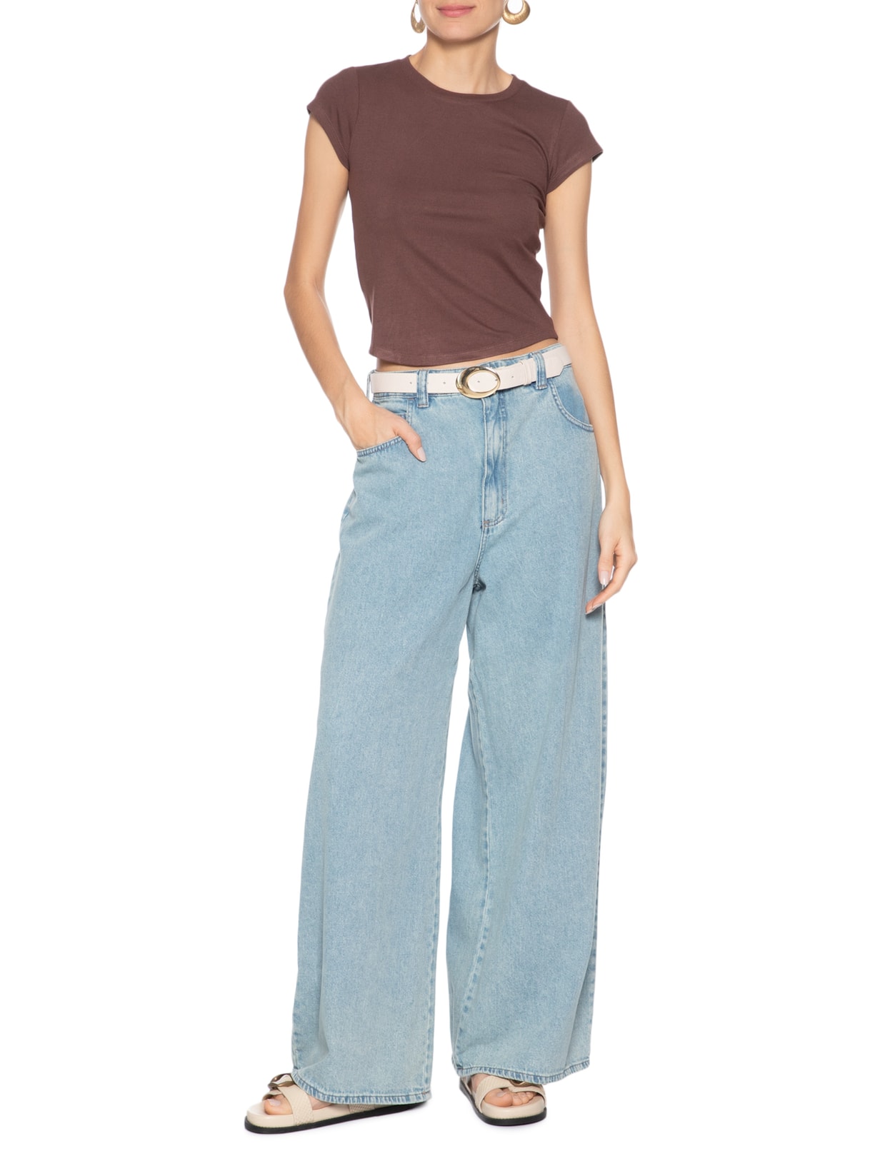 Camiseta Feminina Básica Justa Marrom Basiq