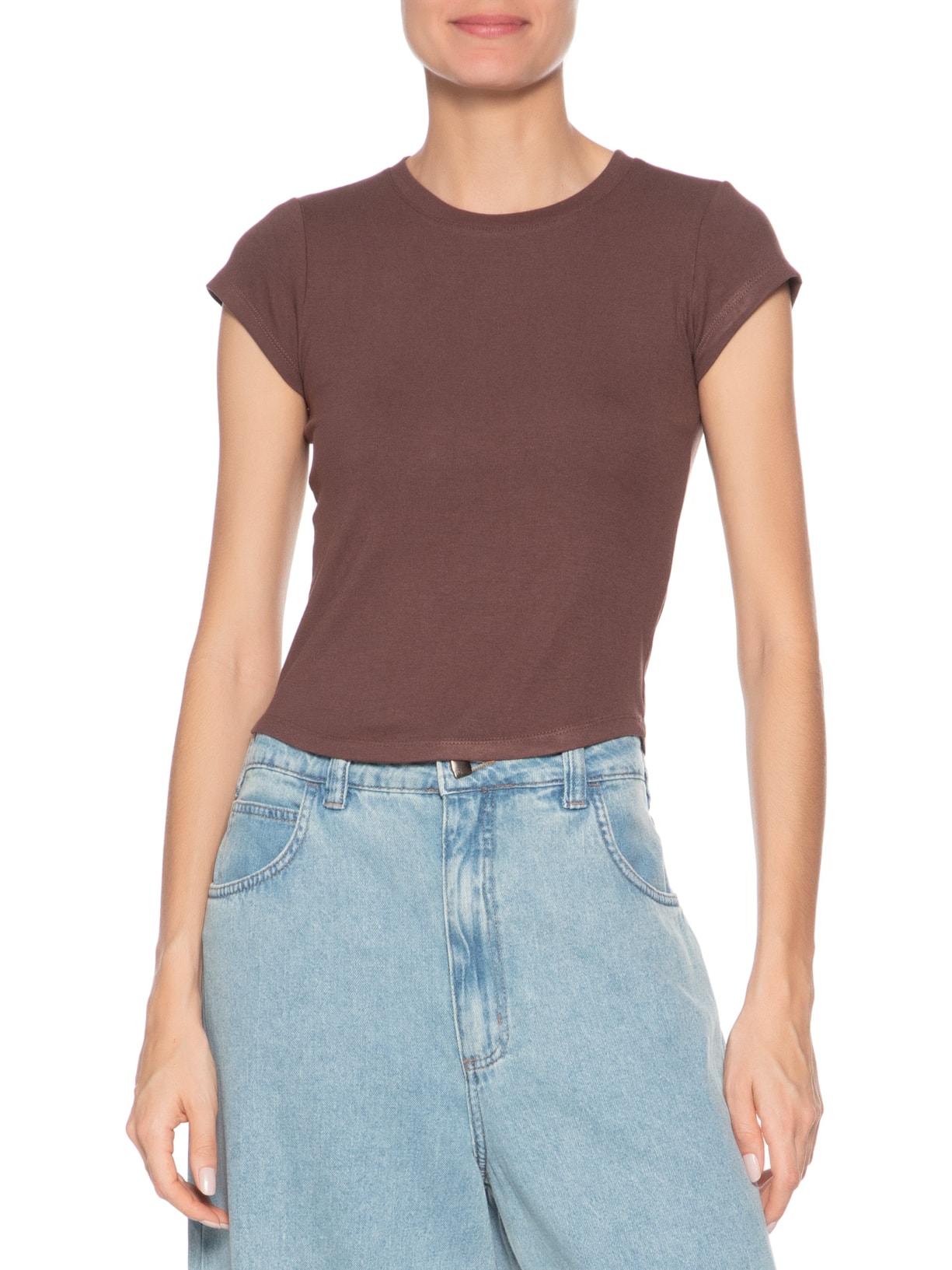 Camiseta Feminina Básica Justa Marrom Basiq