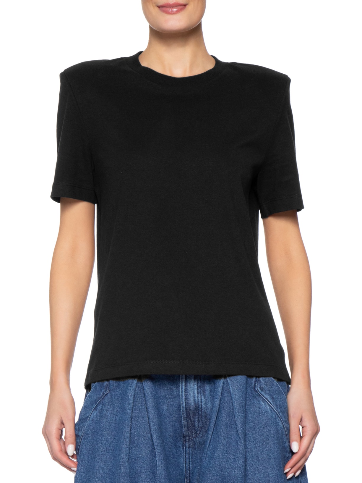 Camiseta Feminina Básica Manga Curta Com Ombreira Preto Bo