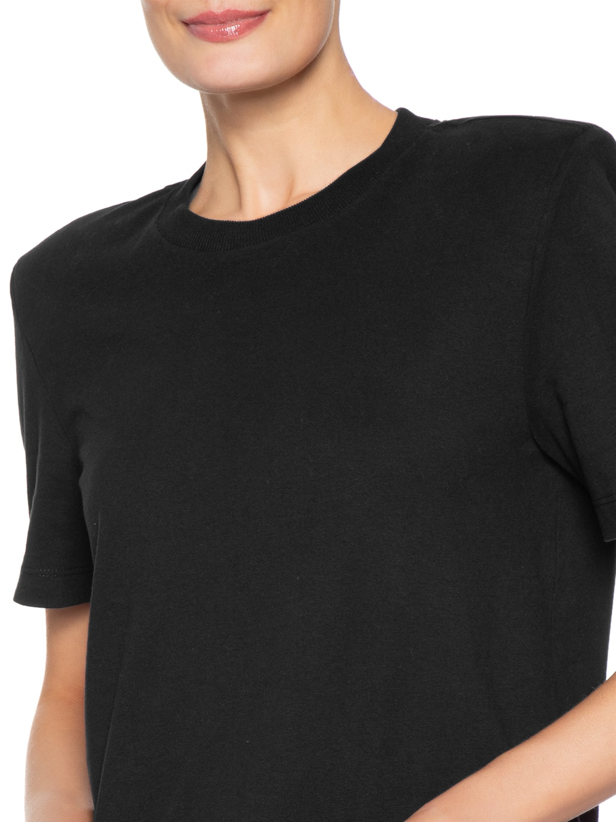 Camiseta Feminina Básica Manga Curta Com Ombreira Preto Bo