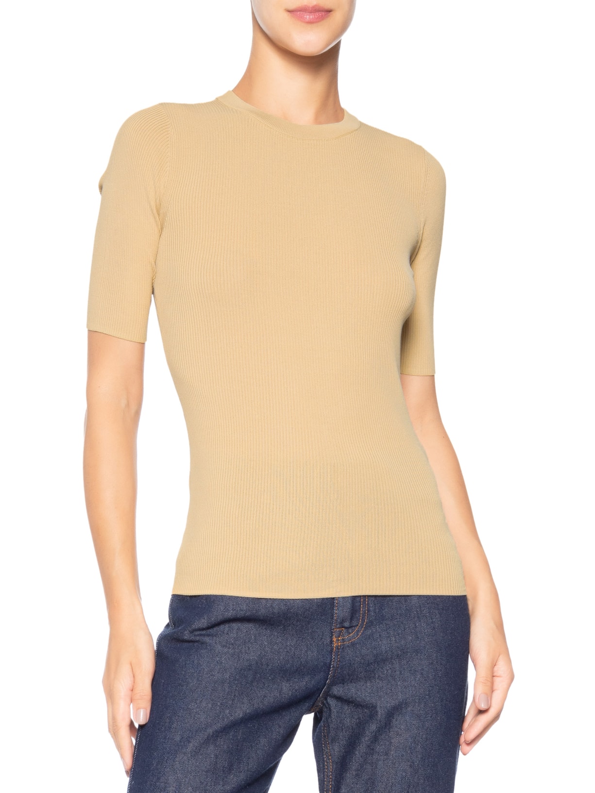 Camiseta Feminina Básica Tricot Canelado Color Bege Animale