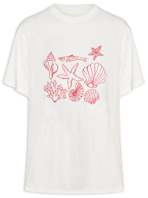Camiseta Feminina Bordado Conchas - Branco