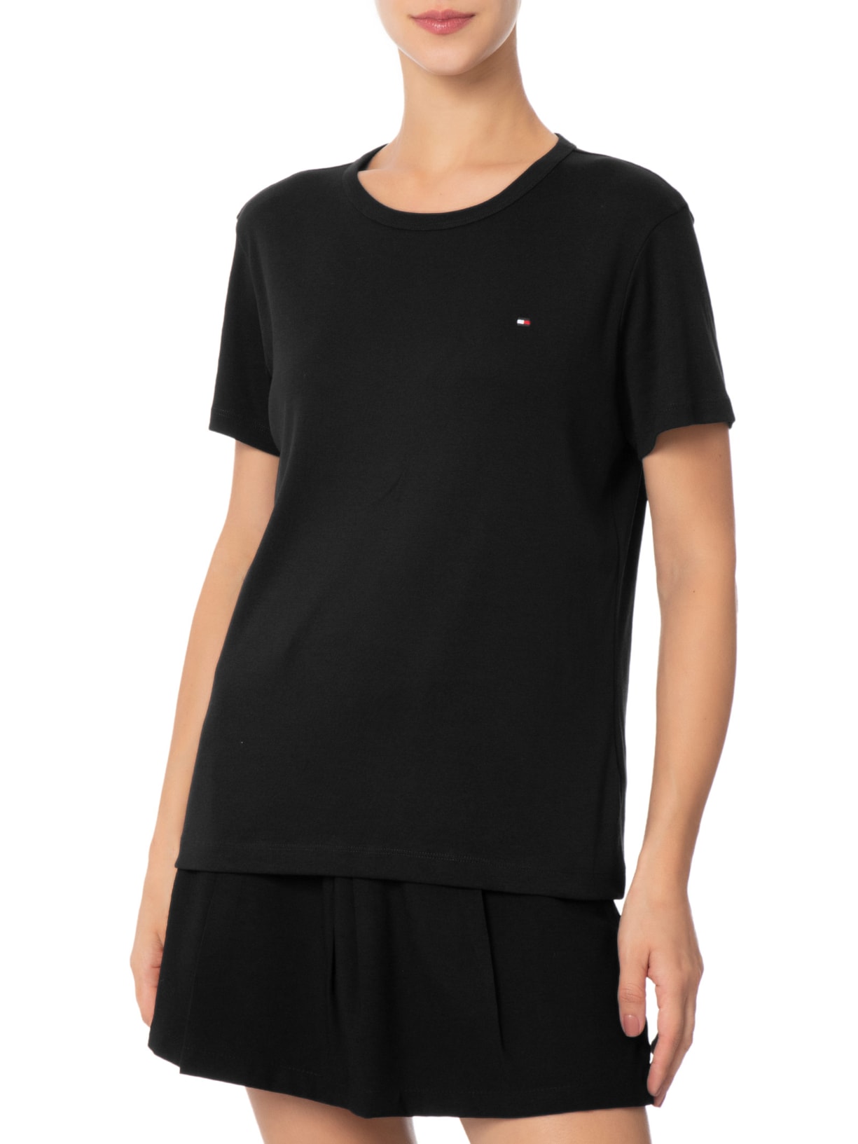 Camiseta Feminina C NK Rib 1x1 Pima Cotton Preto Tommy Hilfiger