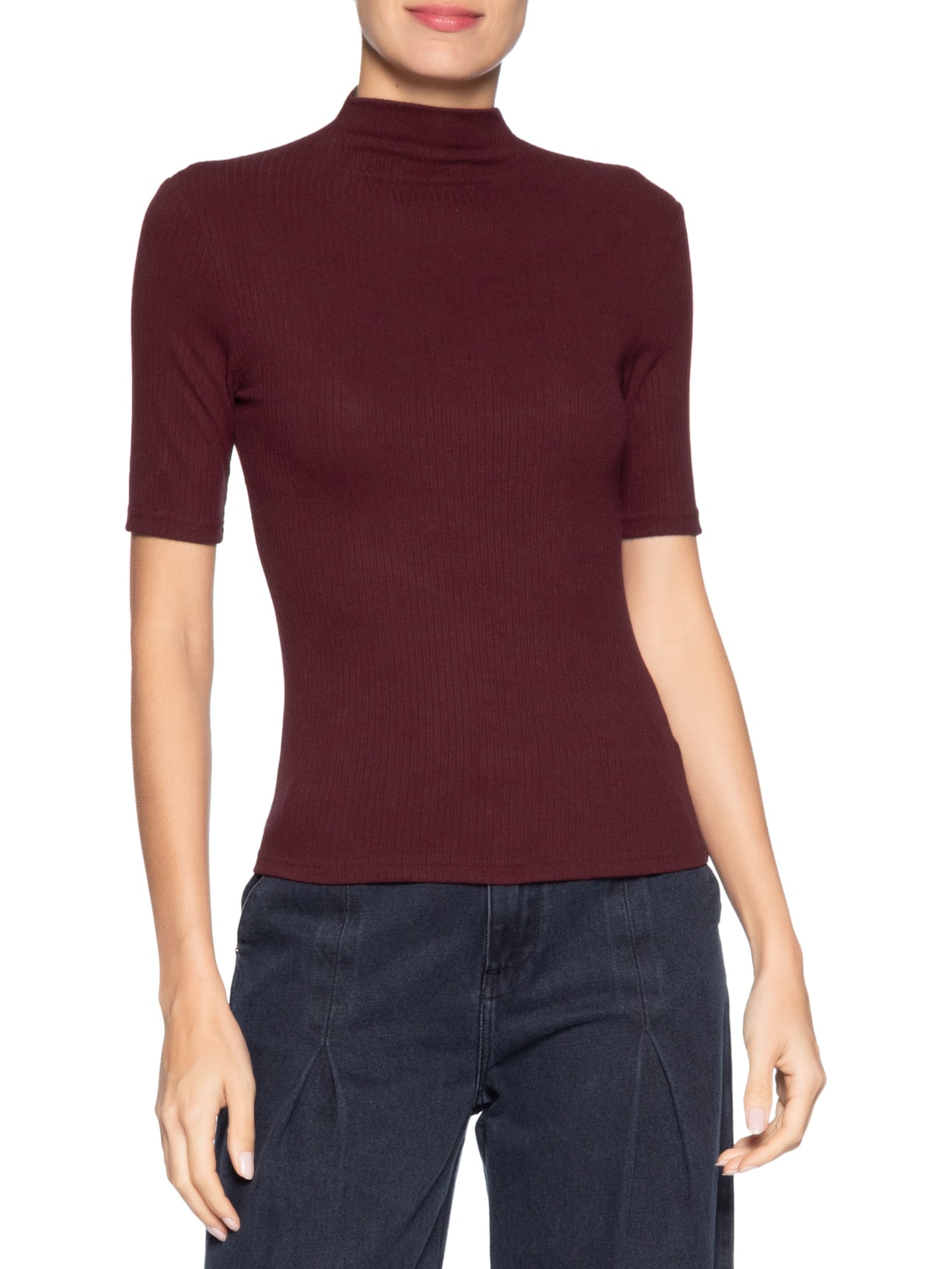 Camiseta Feminina Canelada Gola Alta Vermelho Basiq