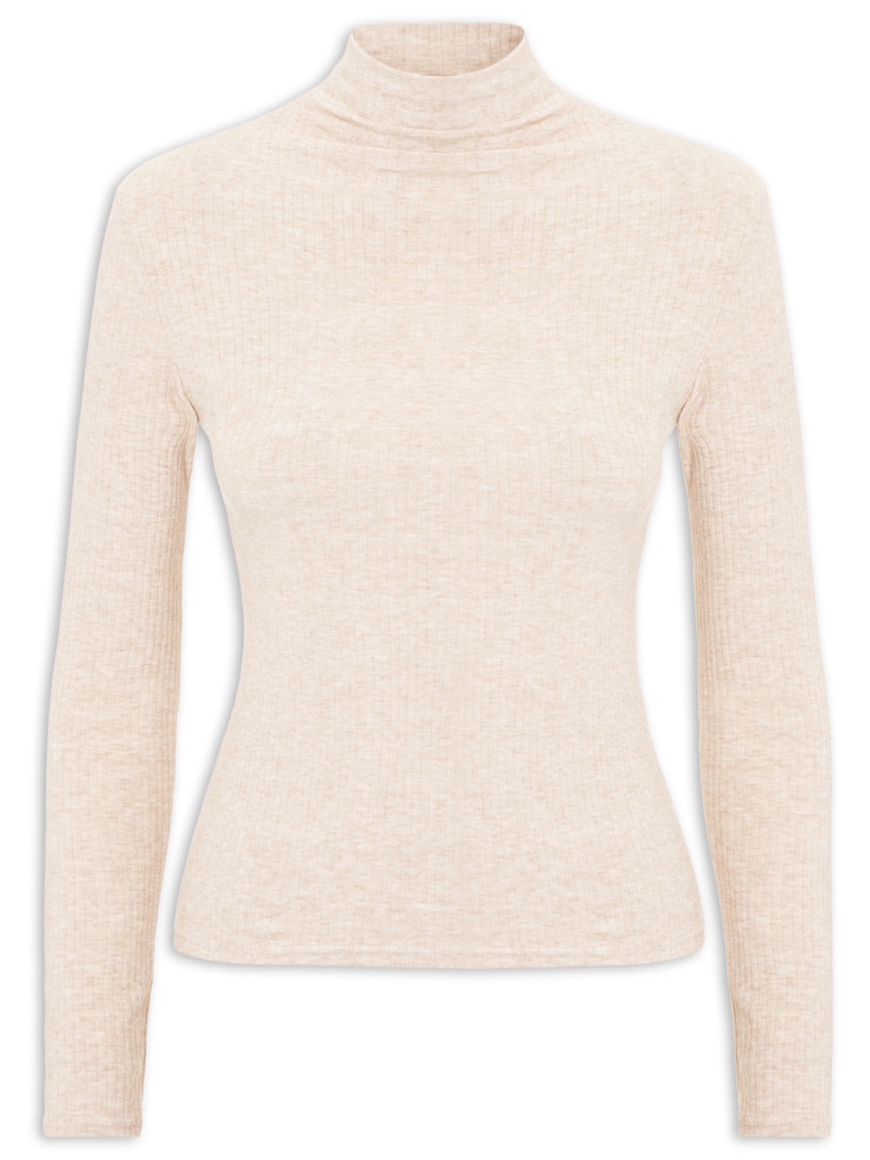 Camiseta Feminina Canelada Manga Longa Bege Basiq