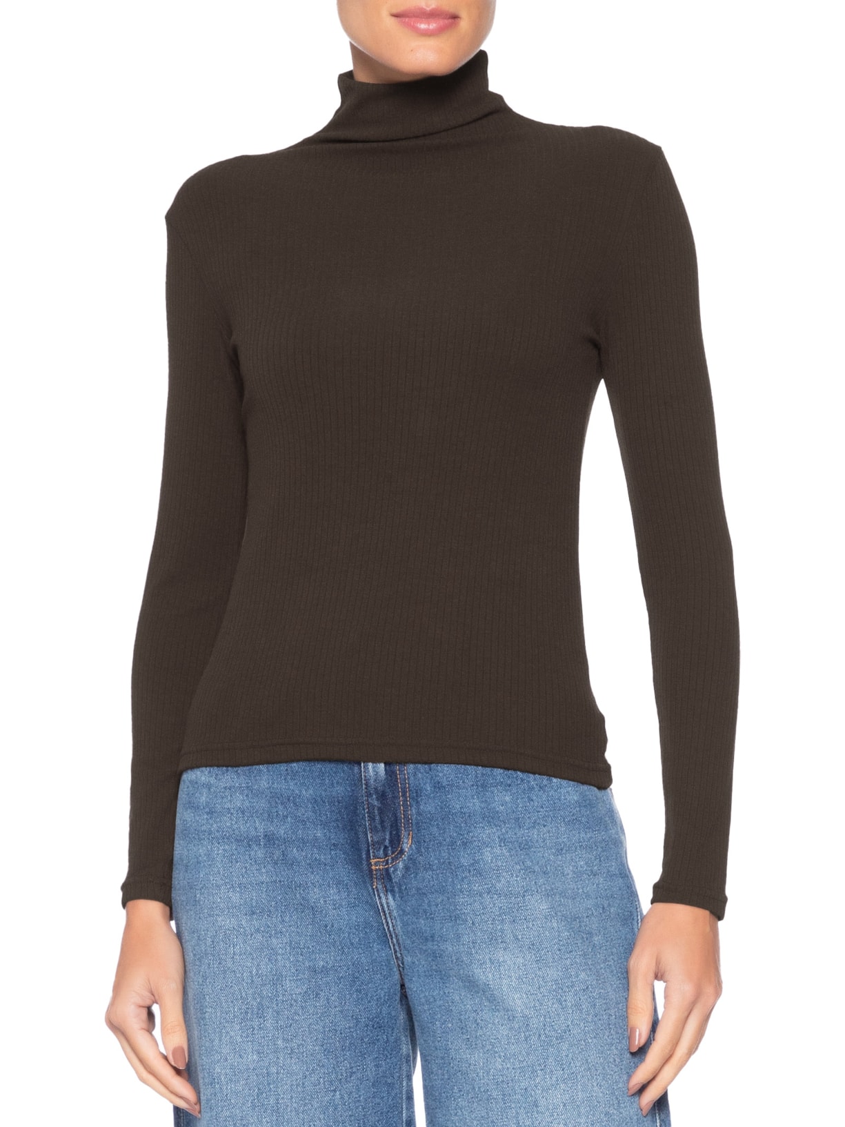 Camiseta Feminina Canelada Manga Longa Marrom Basiq