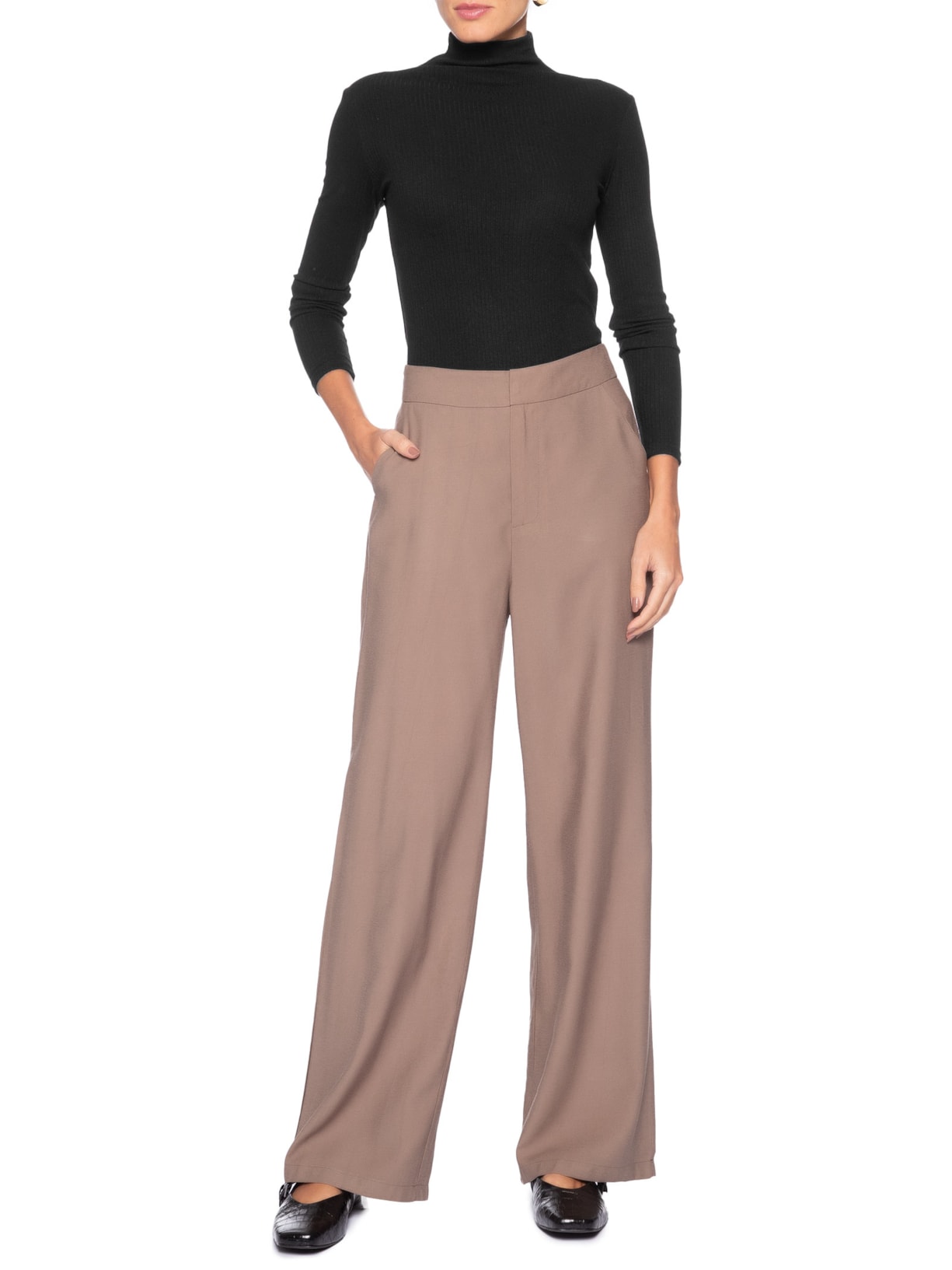 Camiseta Feminina Canelada Manga Longa Preto Basiq