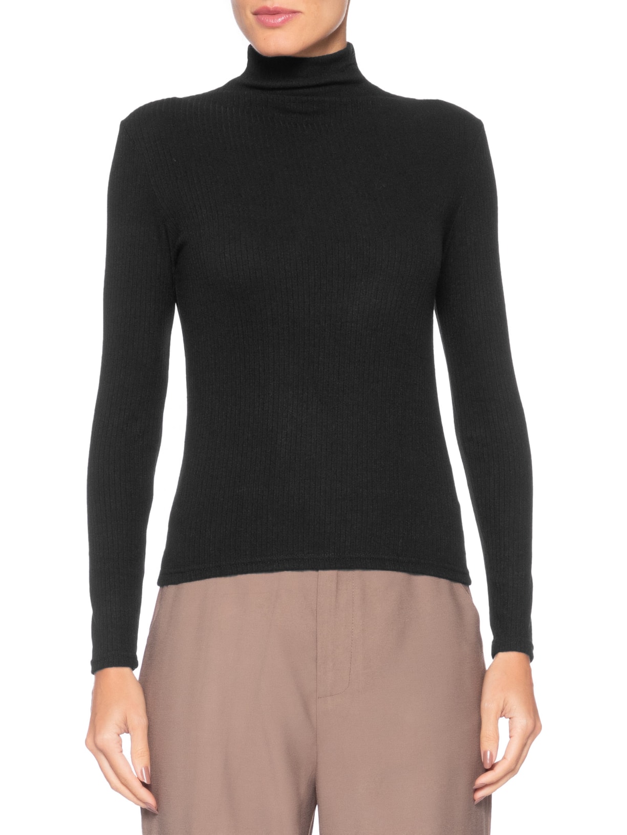 Camiseta Feminina Canelada Manga Longa Preto Basiq