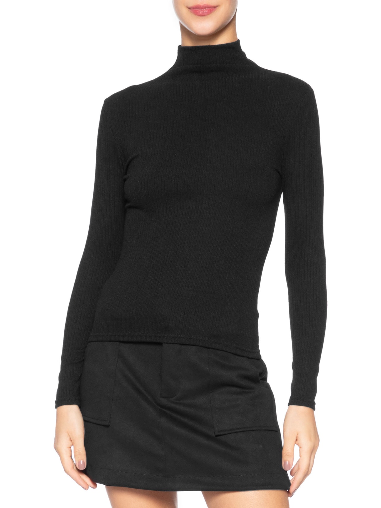 Camiseta Feminina Canelada Manga Longa Preto Basiq