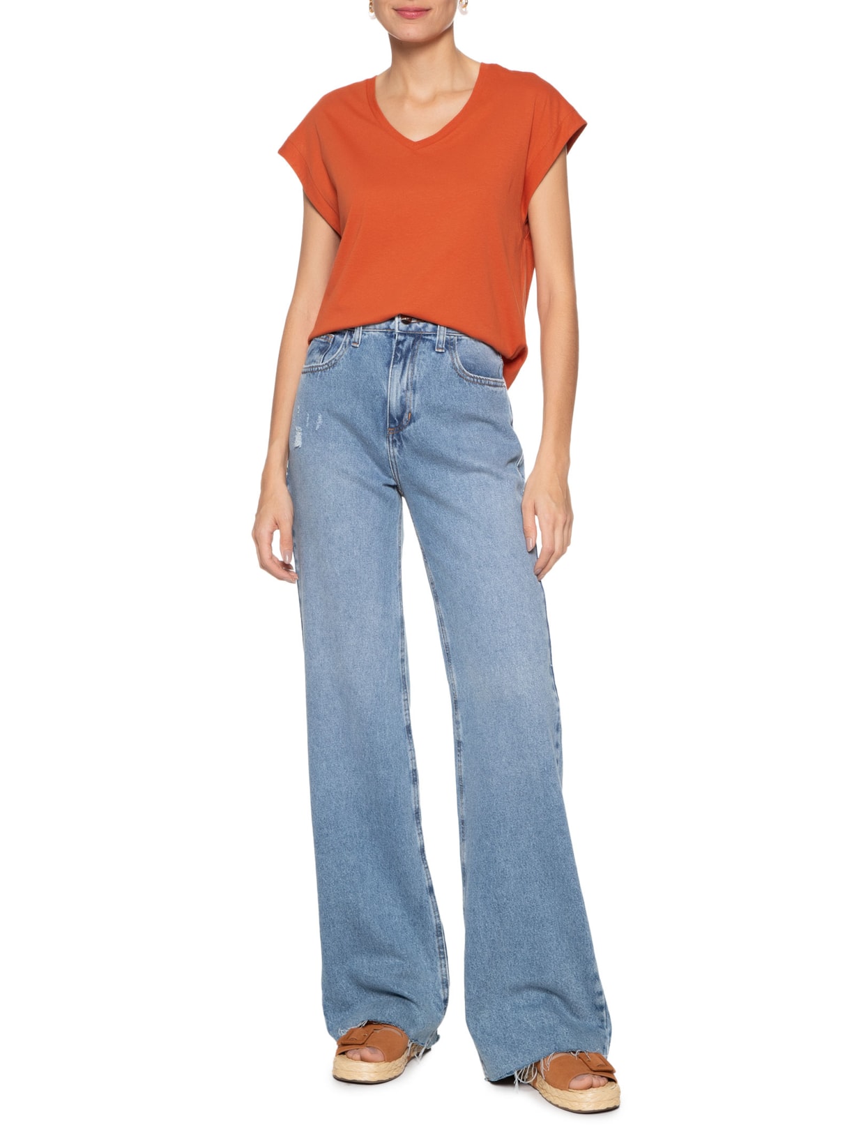 Camiseta Feminina Com Decote V Laranja Basiq