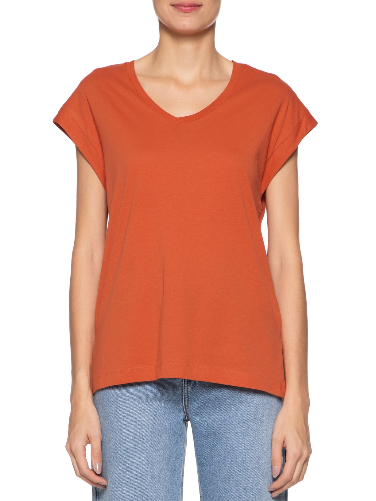 Camiseta Feminina Com Decote V Laranja Basiq