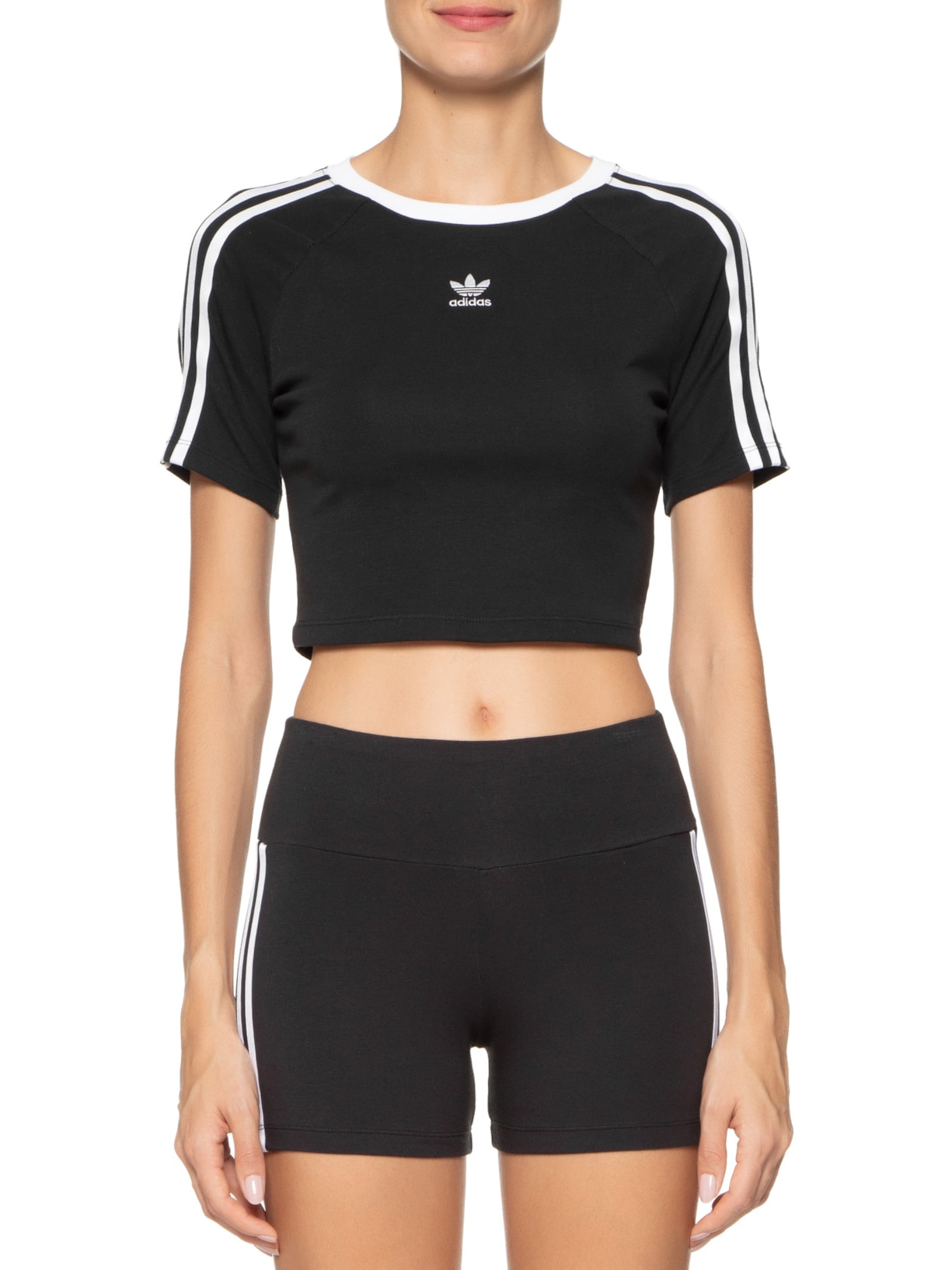Camiseta Feminina Cropped 3 Stripes Preto Adidas Originals